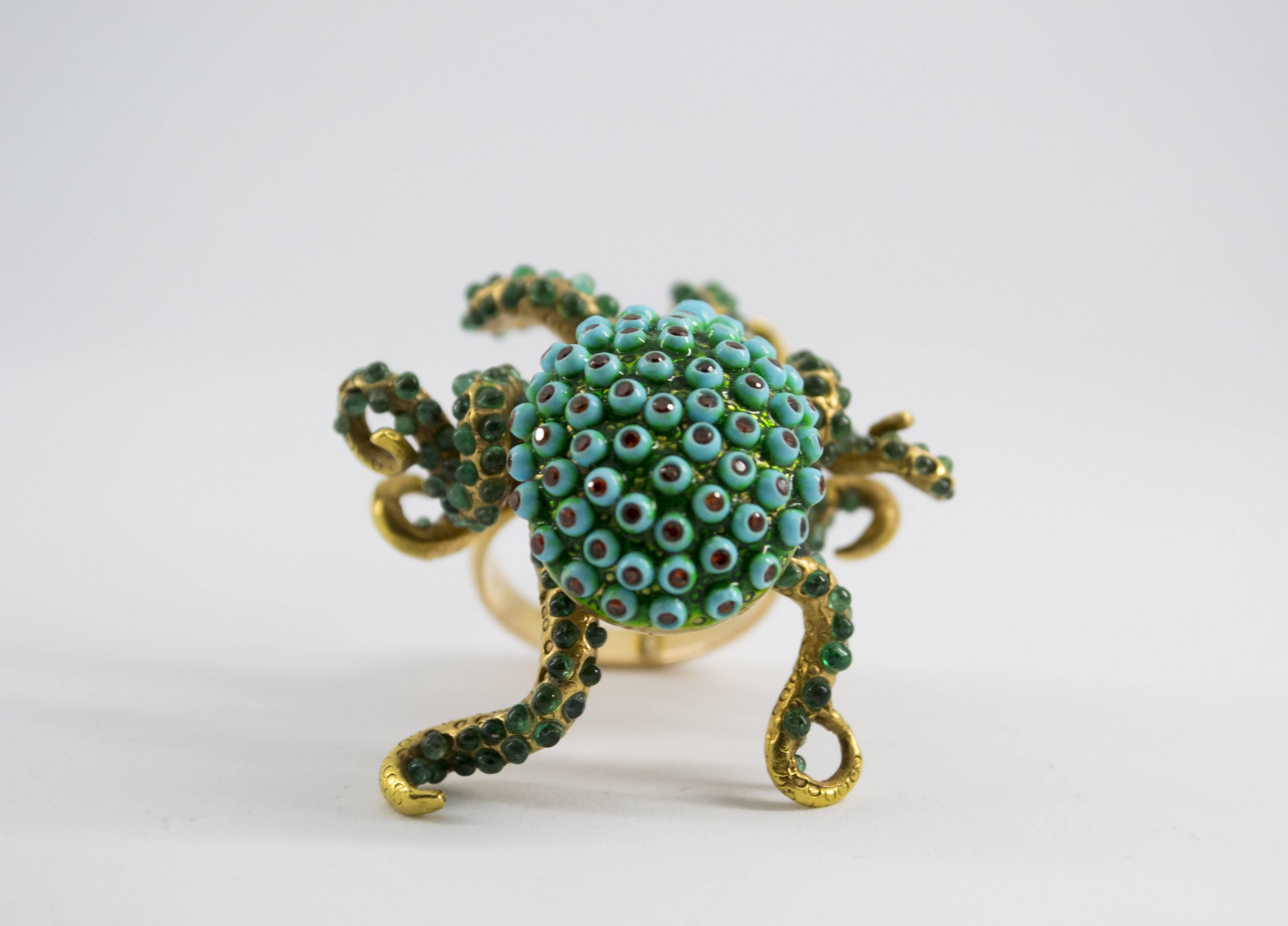 3.80 Carat Emerald Turquoise Garnet Diamond Yellow Gold Octopus Cocktail Ring 5