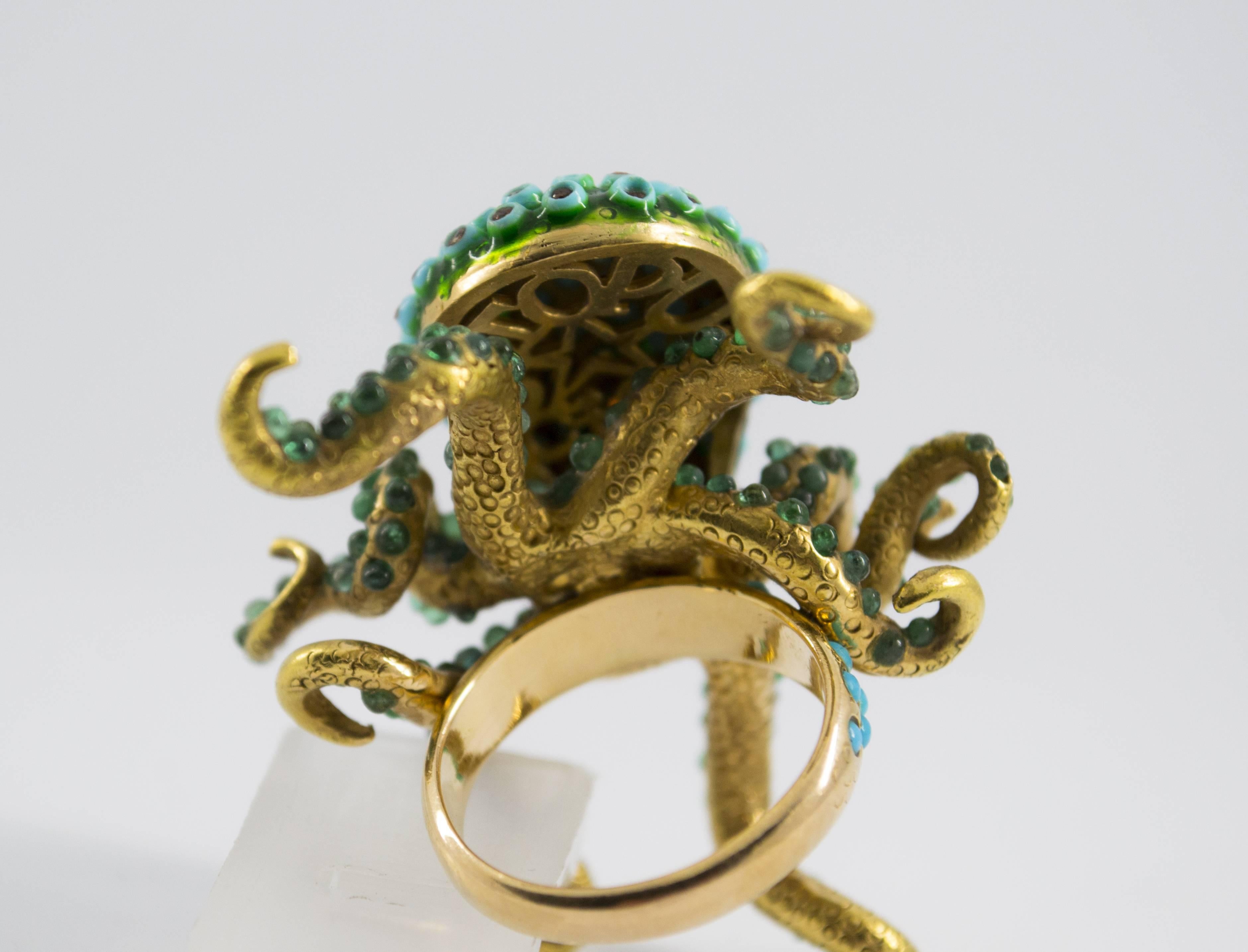 3.80 Carat Emerald Turquoise Garnet Diamond Yellow Gold Octopus Cocktail Ring 6