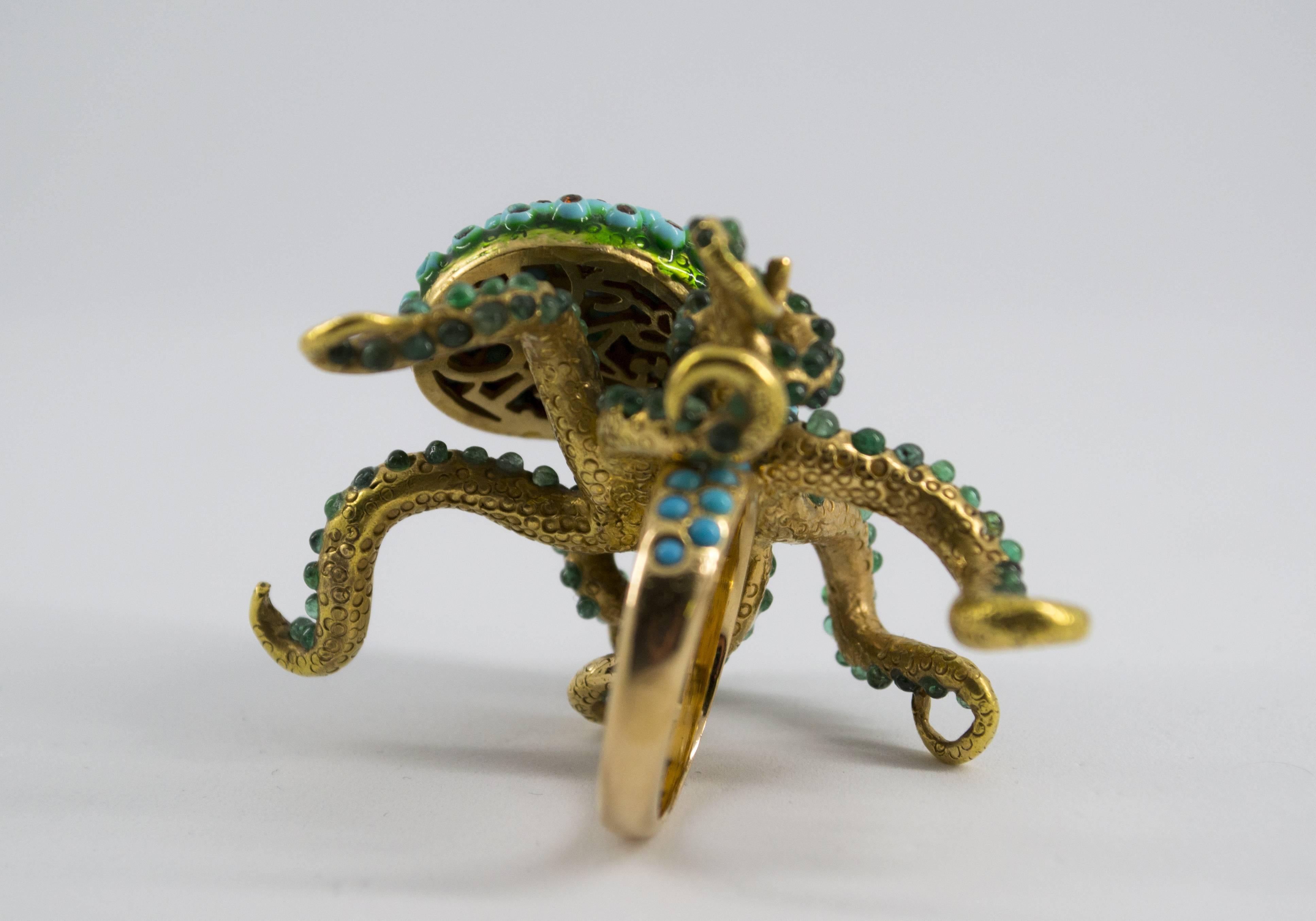 3.80 Carat Emerald Turquoise Garnet Diamond Yellow Gold Octopus Cocktail Ring 7