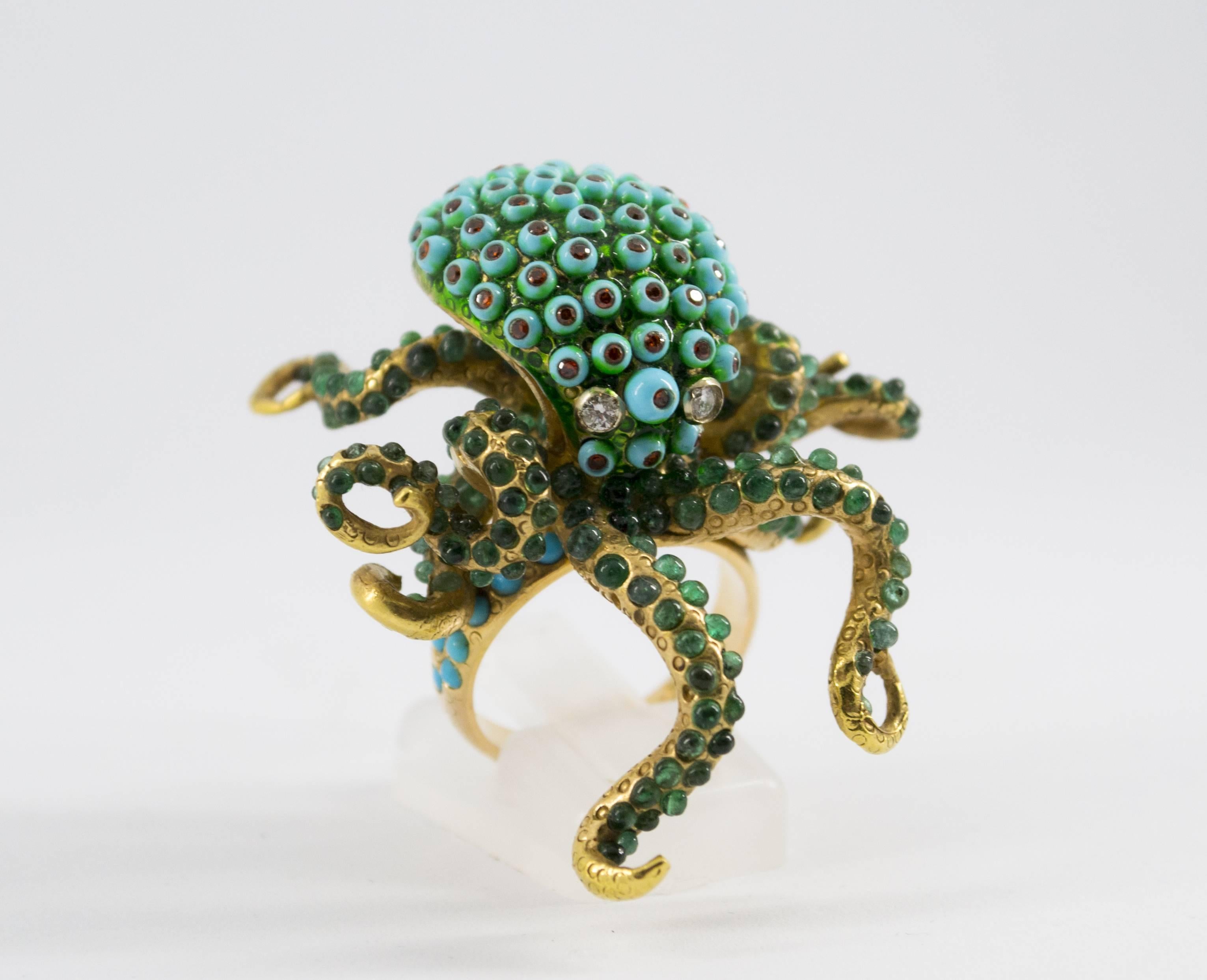 Modern 3.80 Carat Emerald Turquoise Garnet Diamond Yellow Gold Octopus Cocktail Ring