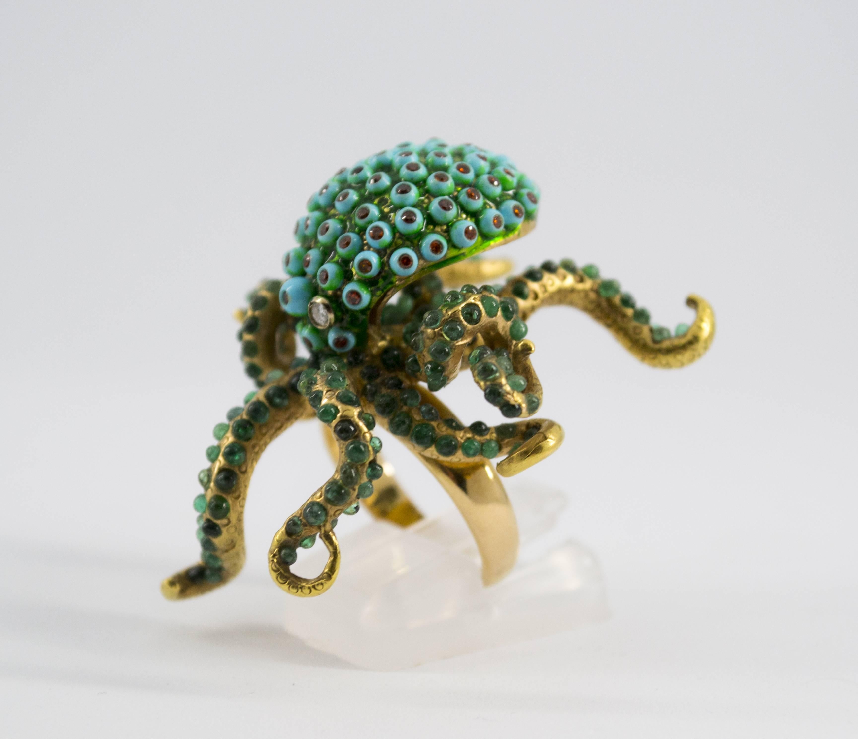 3.80 Carat Emerald Turquoise Garnet Diamond Yellow Gold Octopus Cocktail Ring In New Condition In Naples, IT