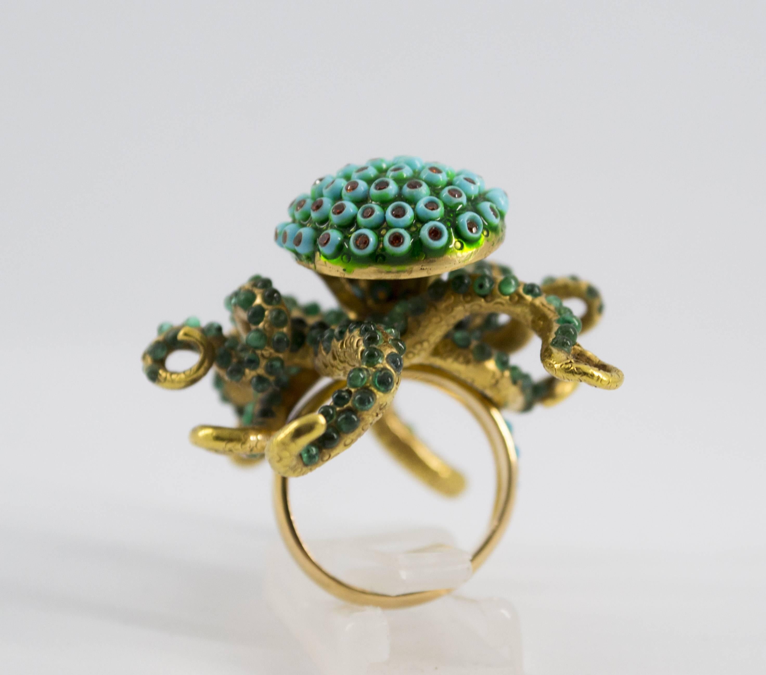 Women's or Men's 3.80 Carat Emerald Turquoise Garnet Diamond Yellow Gold Octopus Cocktail Ring