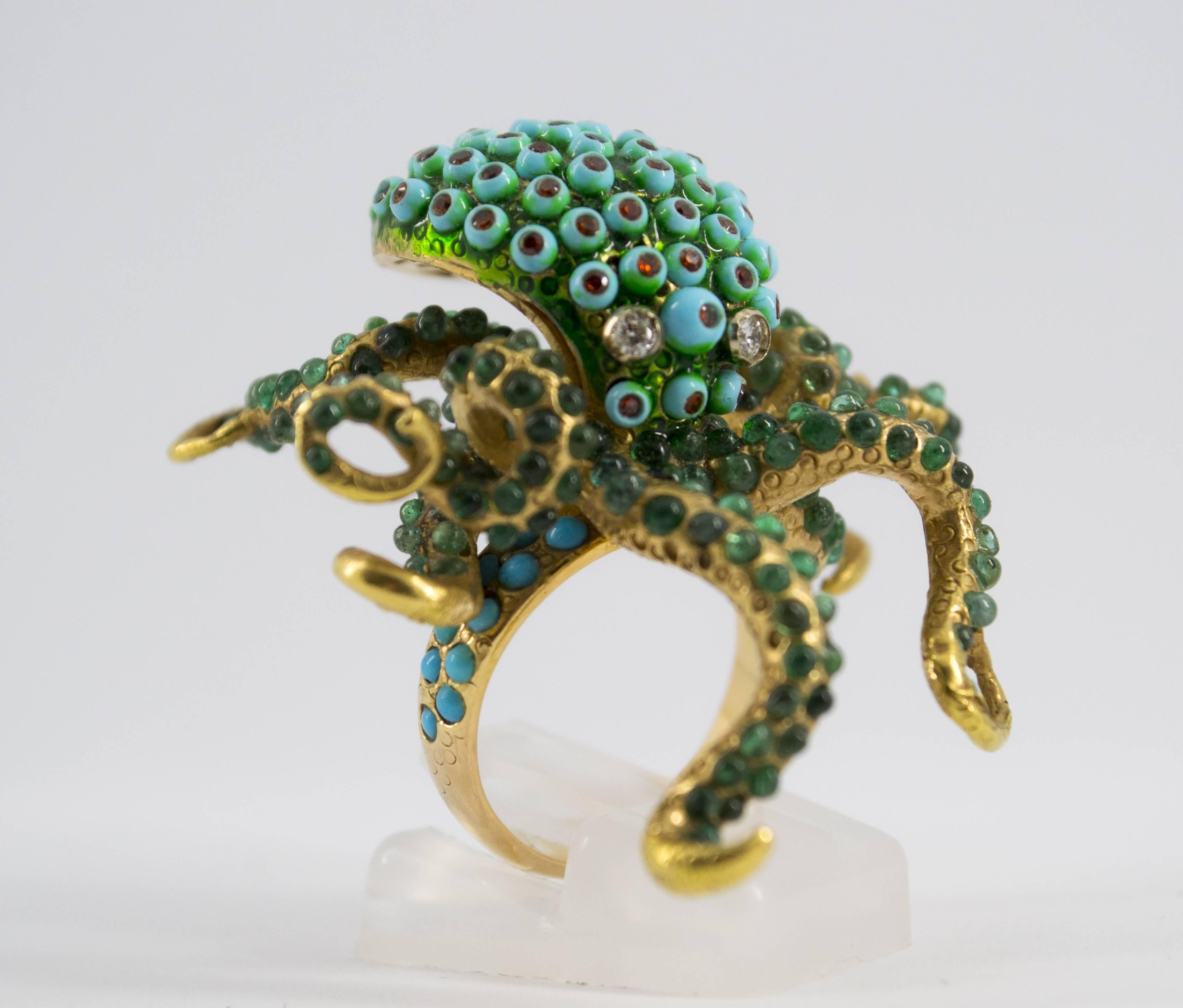 3.80 Carat Emerald Turquoise Garnet Diamond Yellow Gold Octopus Cocktail Ring 2