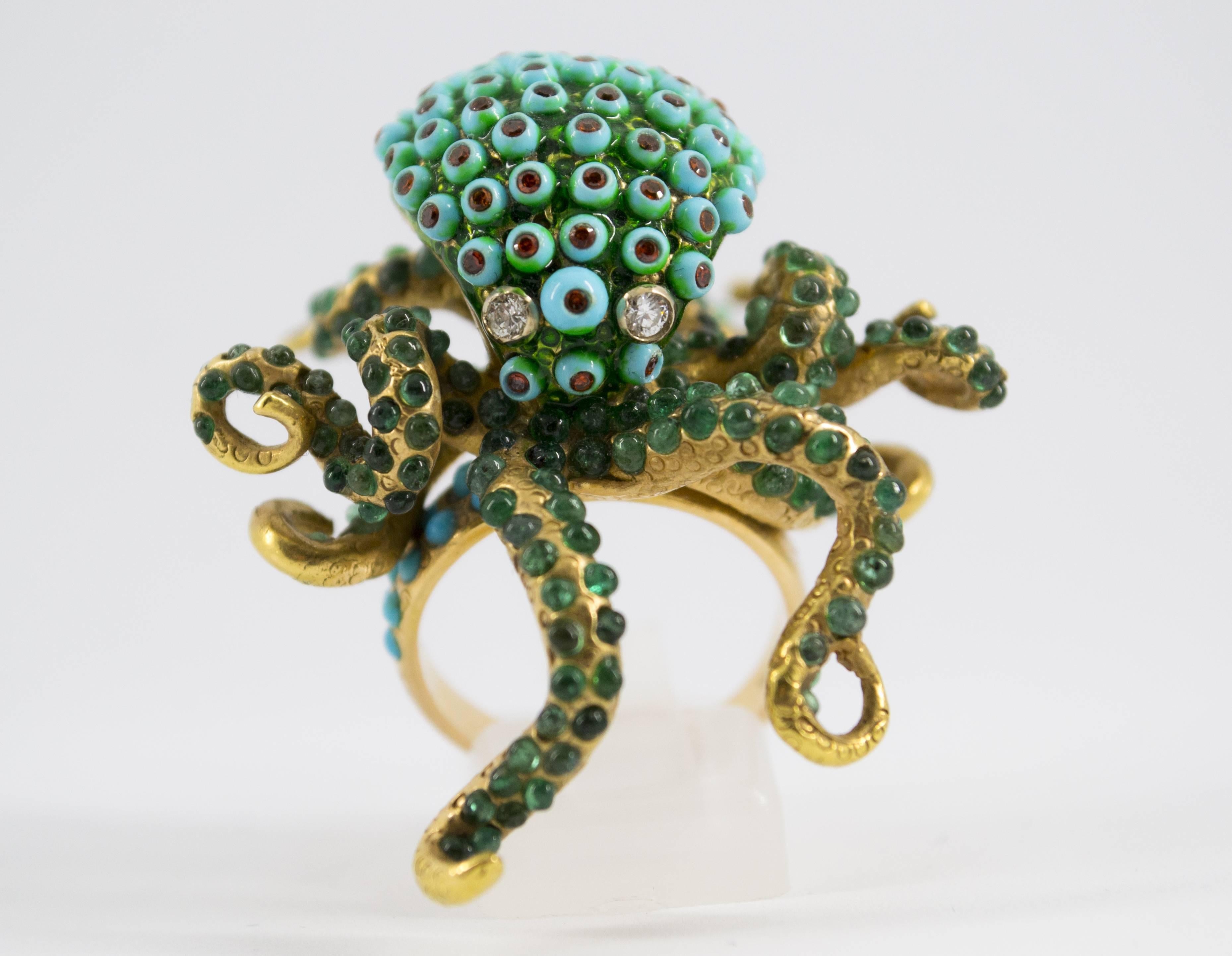 3.80 Carat Emerald Turquoise Garnet Diamond Yellow Gold Octopus Cocktail Ring 3