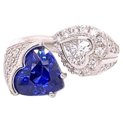  3.80 carat Heart Shape Blue Sapphire and a Heart Shape Diamond Ring For Sale