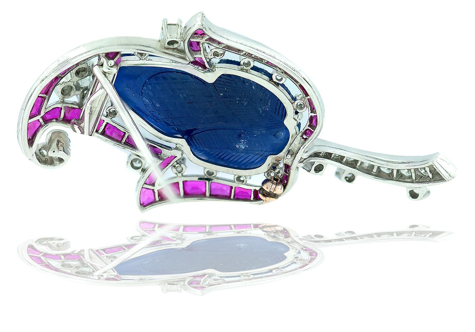 3,80 Karat Lapis Diamant und Rubin Blatt Anhänger im Art-déco-Stil (Baguetteschliff)