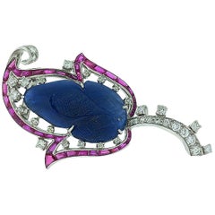 3.80 Carat Lapis Diamond and Ruby Leaf Pendant Art Deco Style