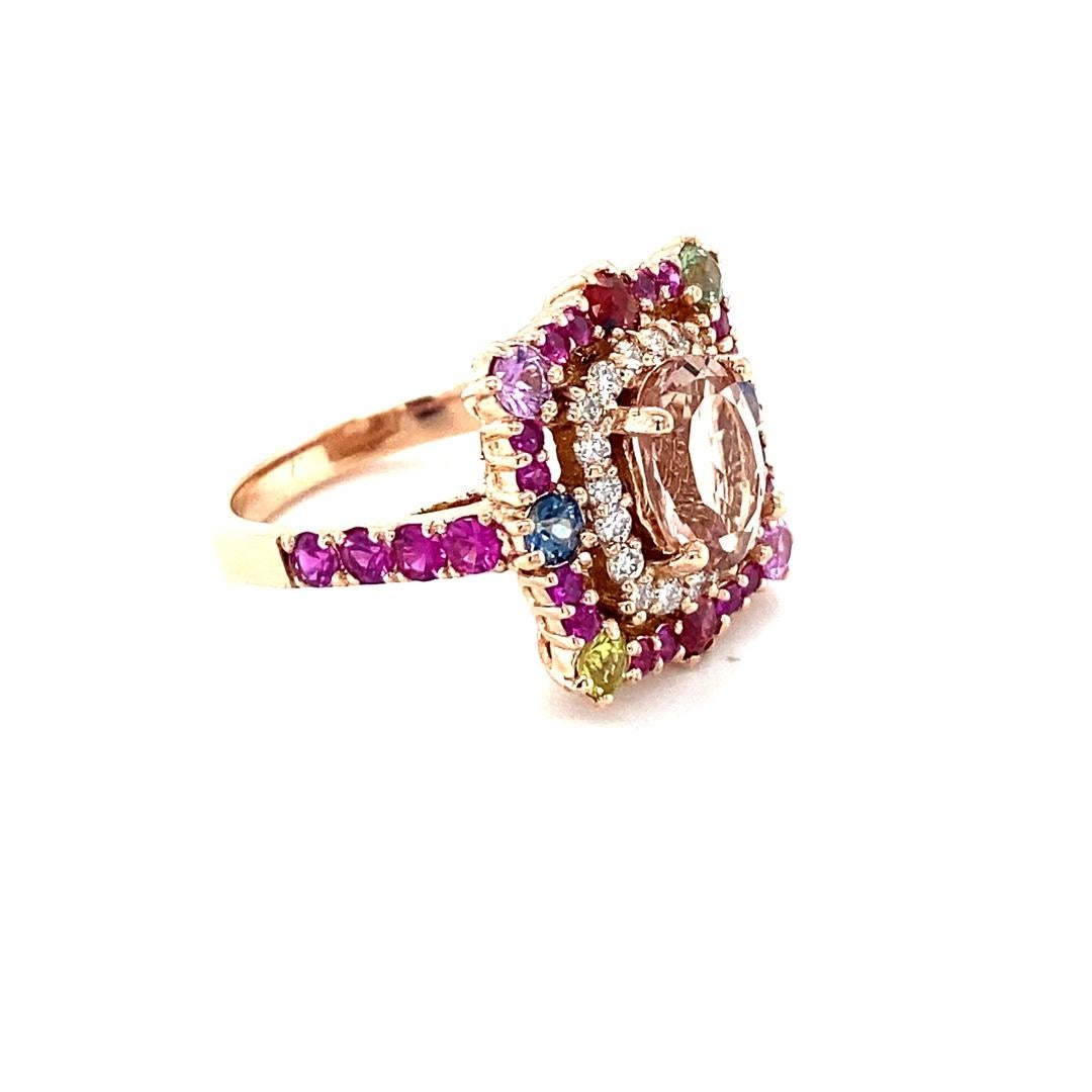 Contemporary 3.80 Carat Morganite Diamond Sapphire Rose Gold Cocktail Ring For Sale
