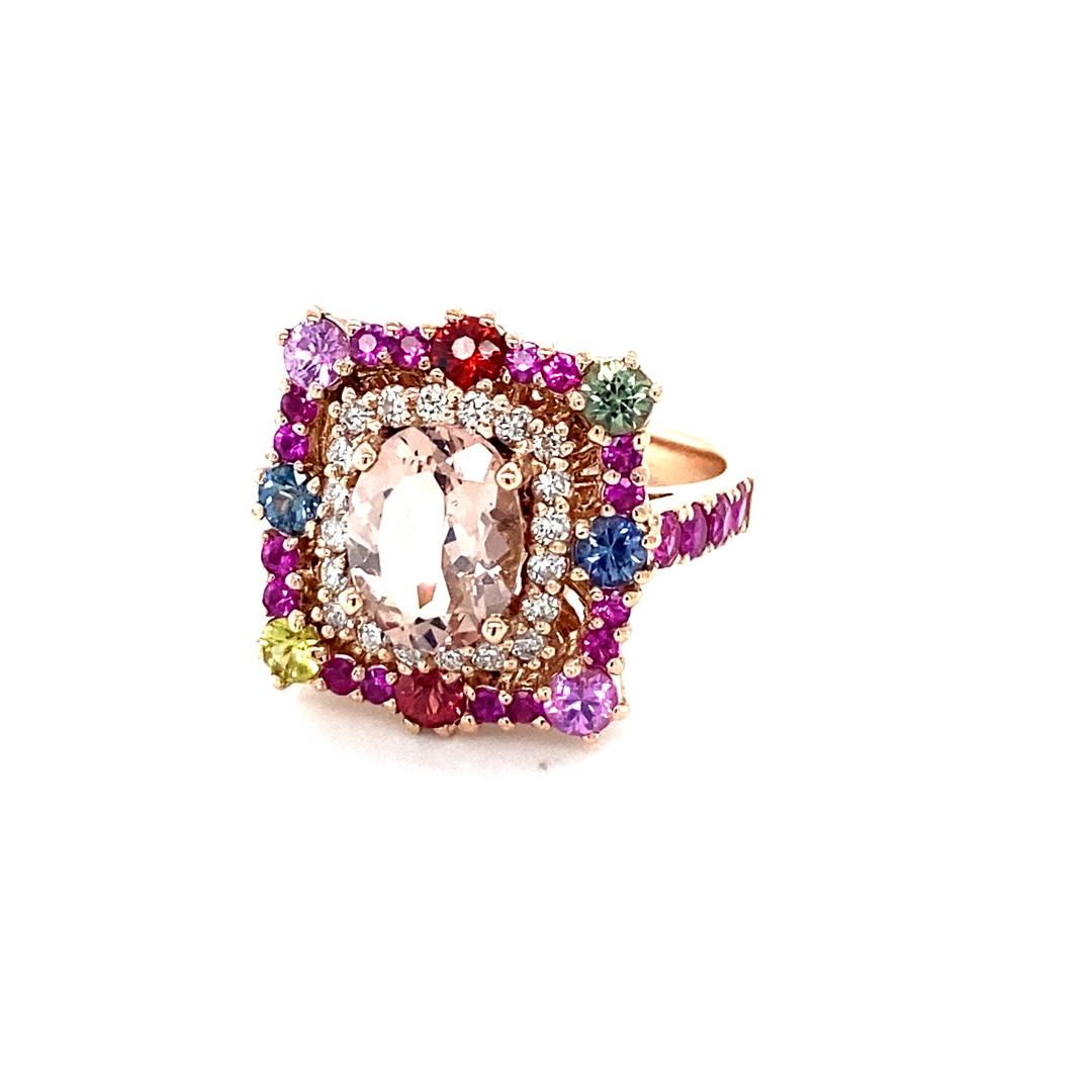Oval Cut 3.80 Carat Morganite Diamond Sapphire Rose Gold Cocktail Ring For Sale