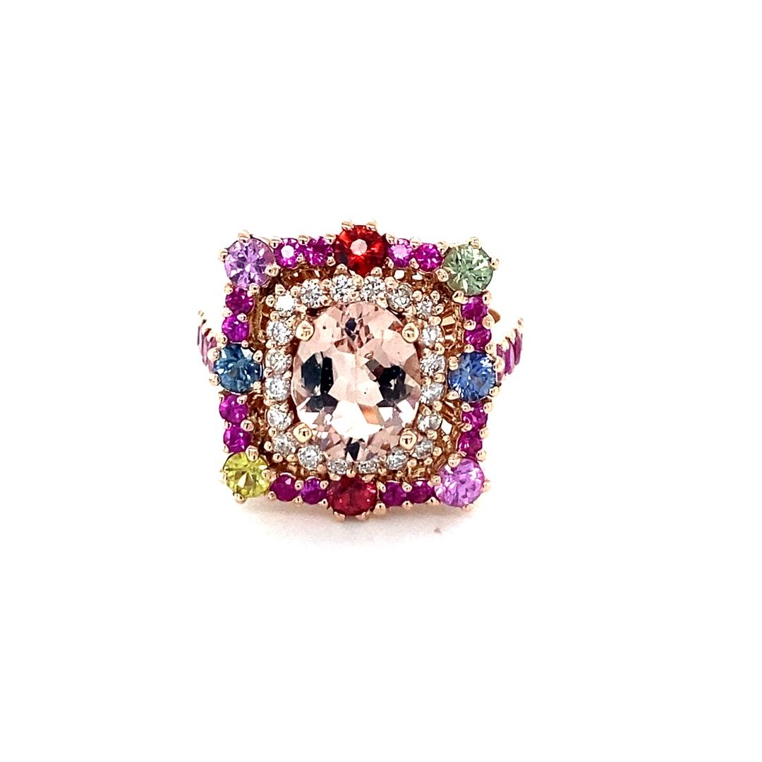3.80 Carat Morganite Diamond Sapphire Rose Gold Cocktail Ring In New Condition For Sale In Los Angeles, CA