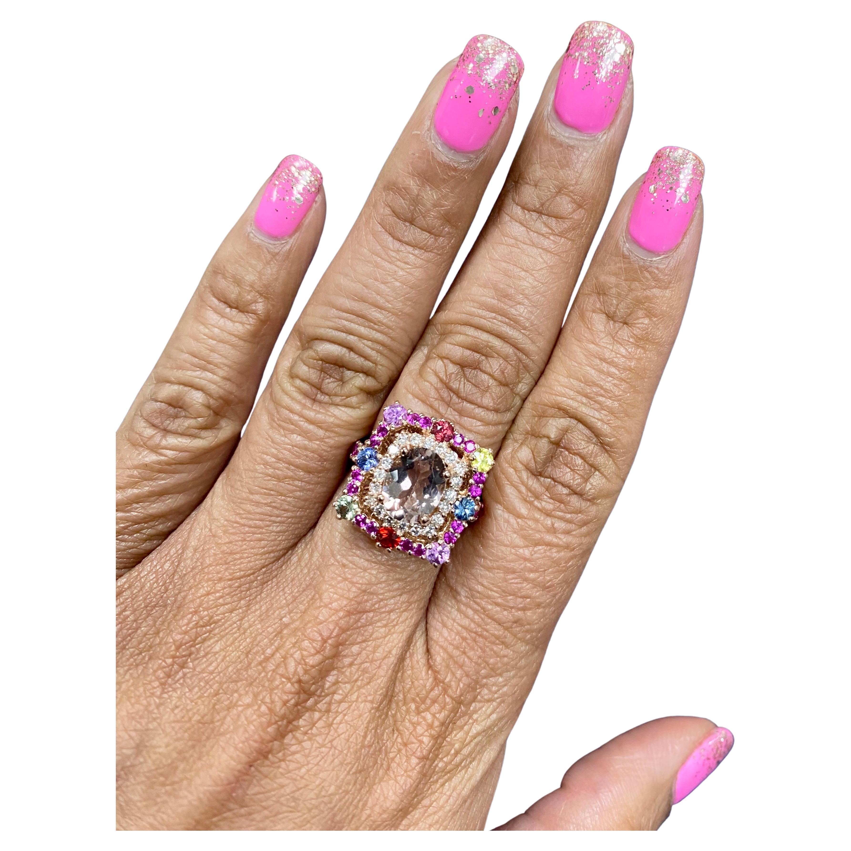 Women's 3.80 Carat Morganite Diamond Sapphire Rose Gold Cocktail Ring For Sale