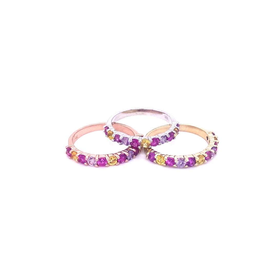 Round Cut Multi Color Sapphire Diamond Gold Stackable Bands For Sale