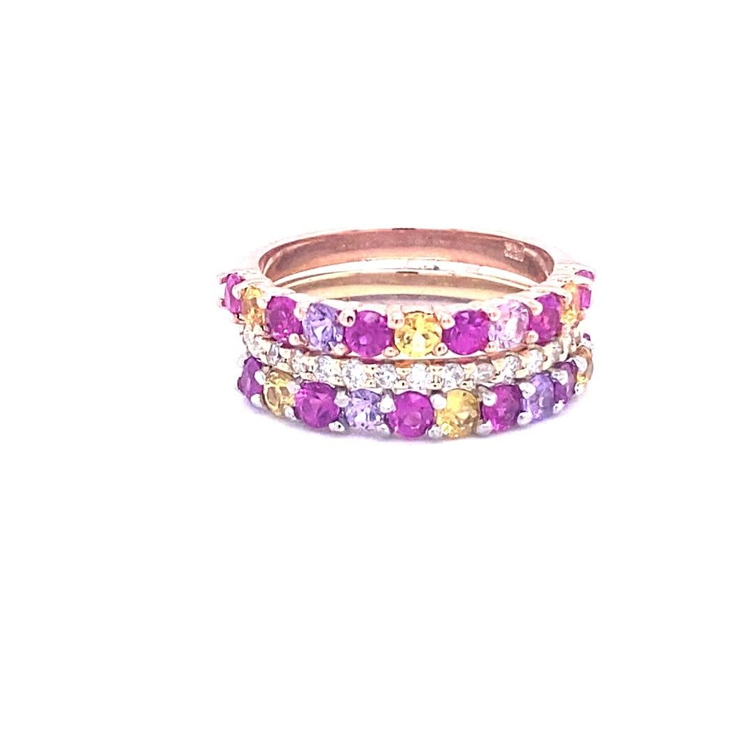Multi Color Sapphire Diamond Gold Stackable Bands In New Condition For Sale In Los Angeles, CA