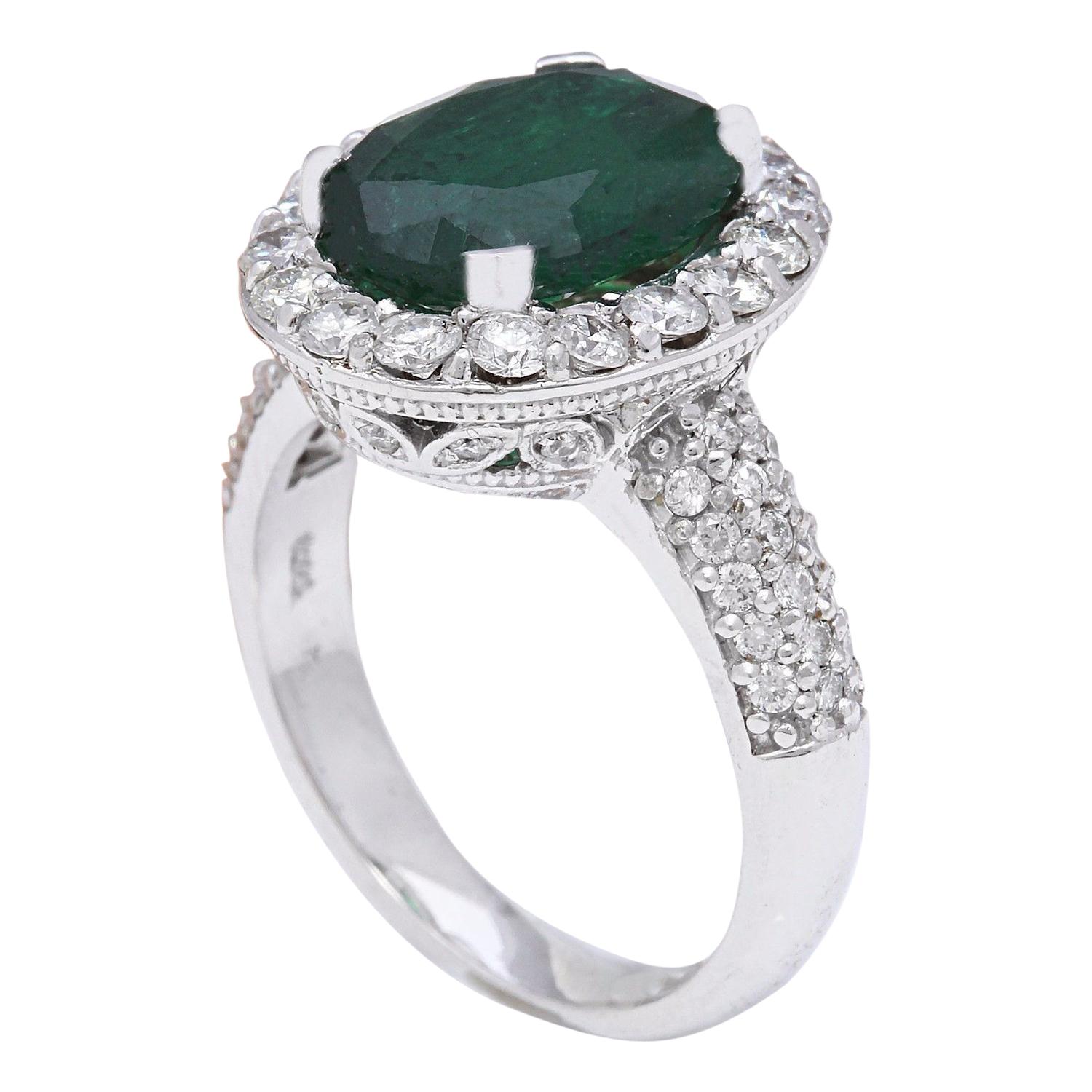 Oval Cut Emerald Diamond Ring In 14 Karat Solid White Gold For Sale