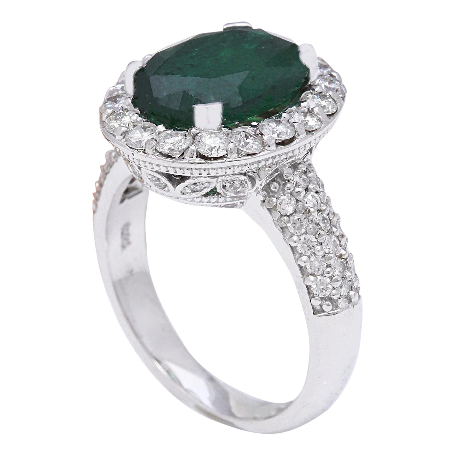 Oval Cut Emerald Diamond Ring In 14 Karat Solid White Gold  For Sale