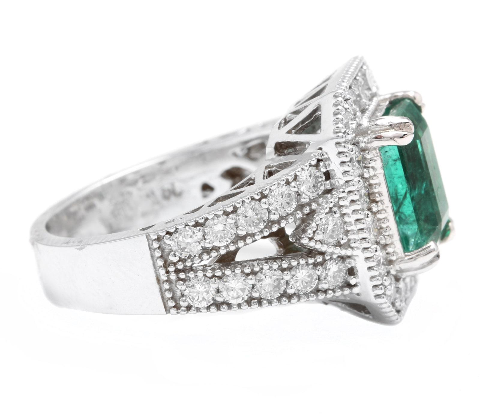 Emerald Cut 3.80 Carat Natural Emerald and Diamond 14 Karat Solid White Gold Ring For Sale