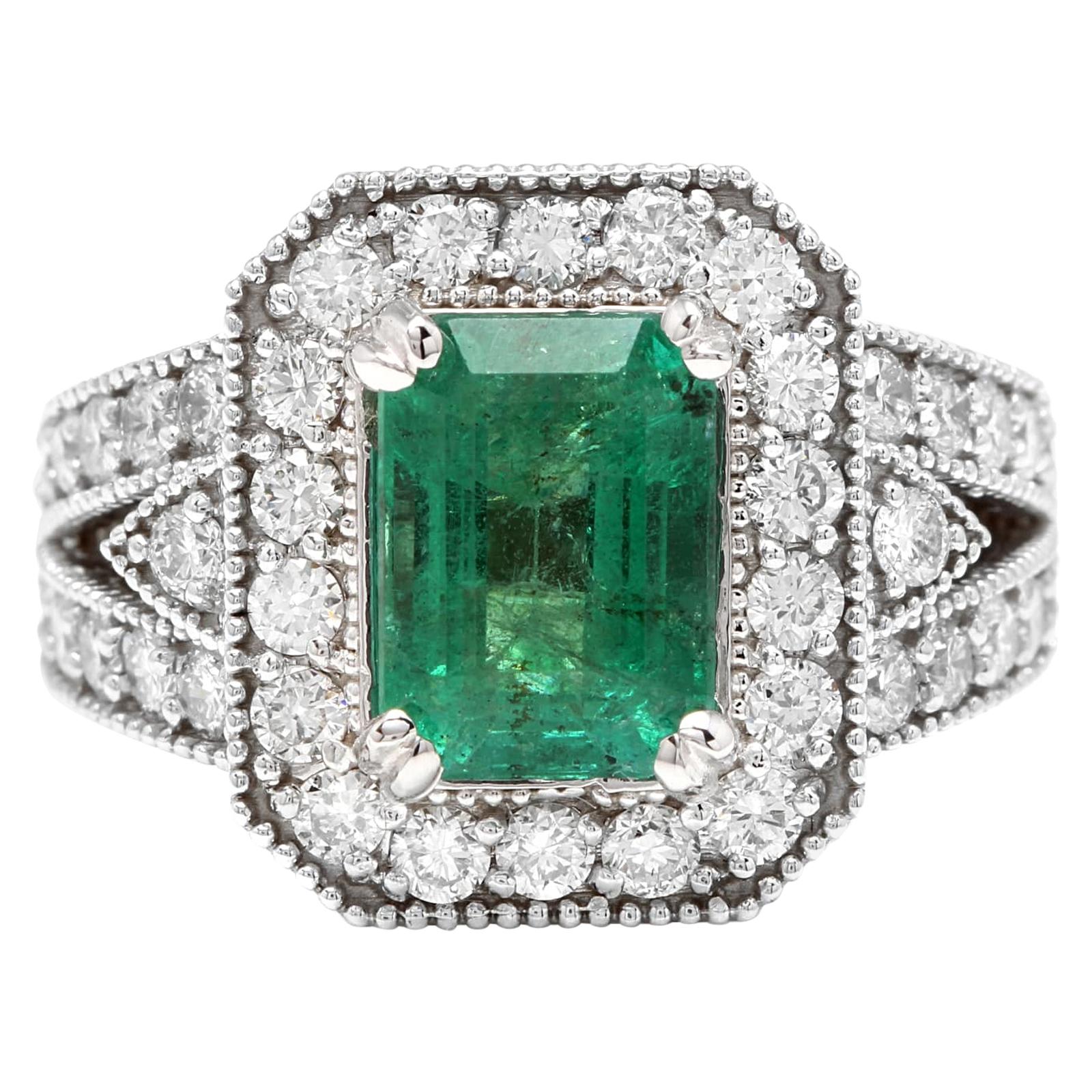 3.80 Carat Natural Emerald and Diamond 14 Karat Solid White Gold Ring For Sale