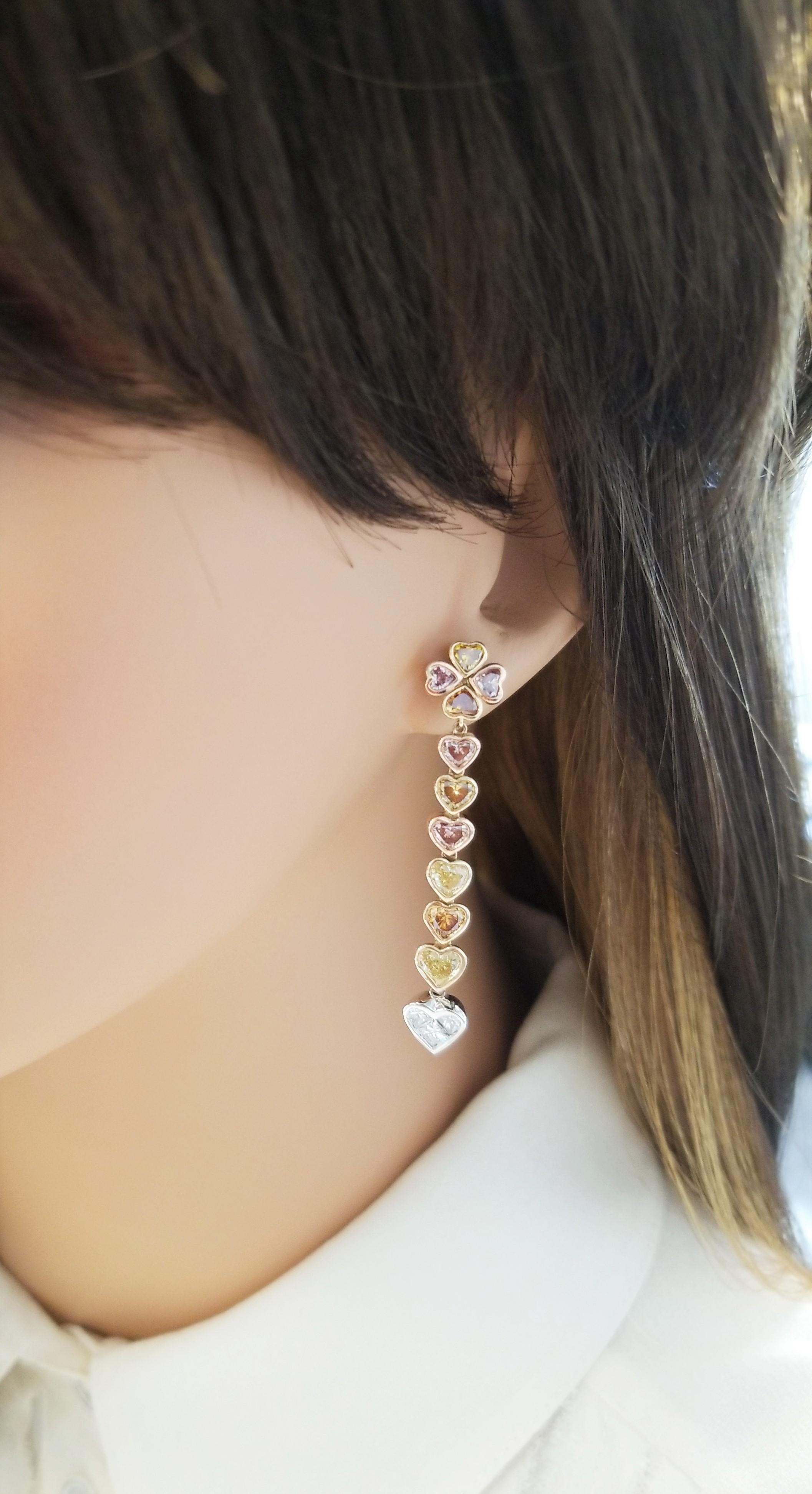 Heart Cut 3.80 Carat Natural Fancy Colored Heart Shape Diamond Dual Tone Dangle Earrings For Sale