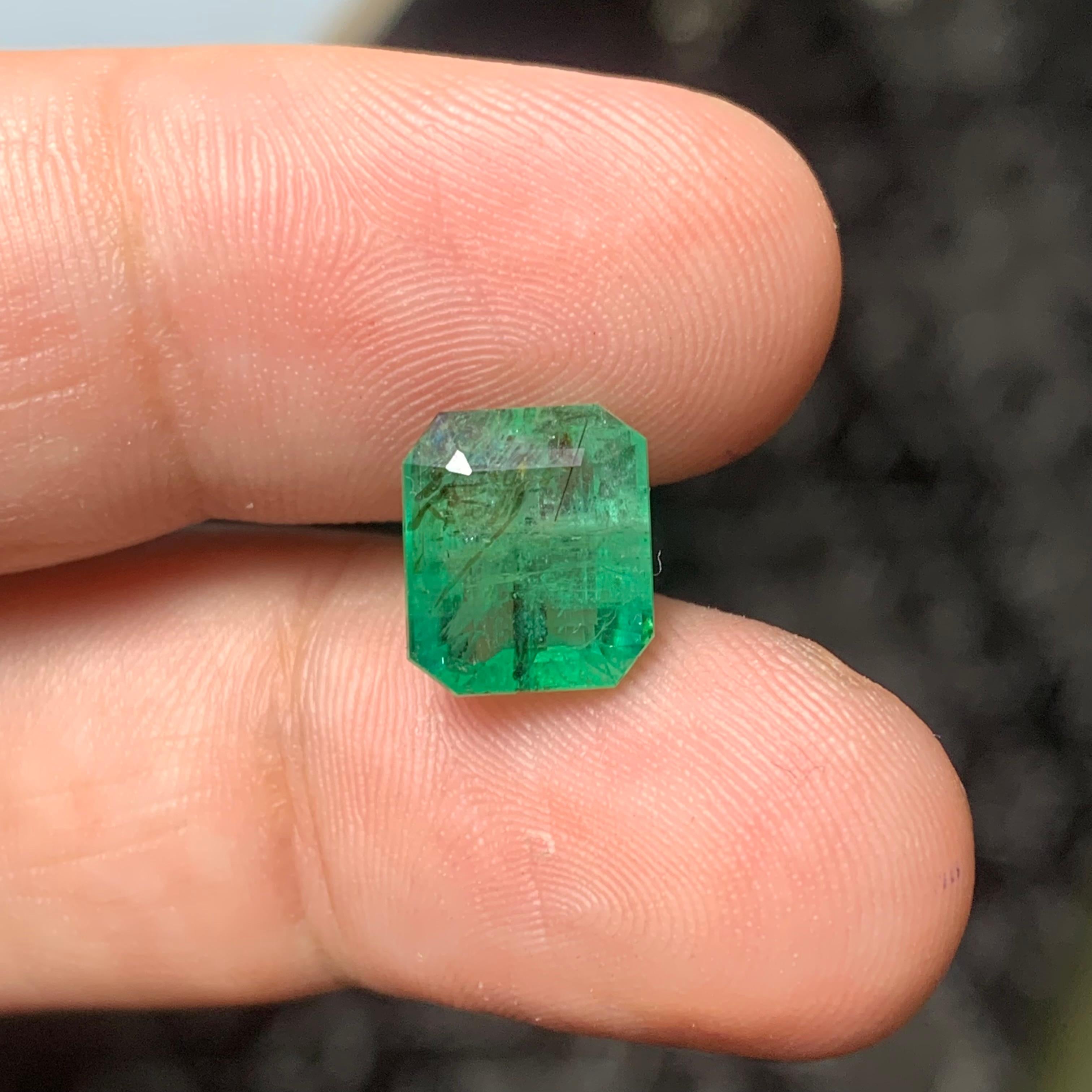 Emerald Cut 3.80 Carat Natural Green Emerald from Zambia Having Rutile Needle Naturally
