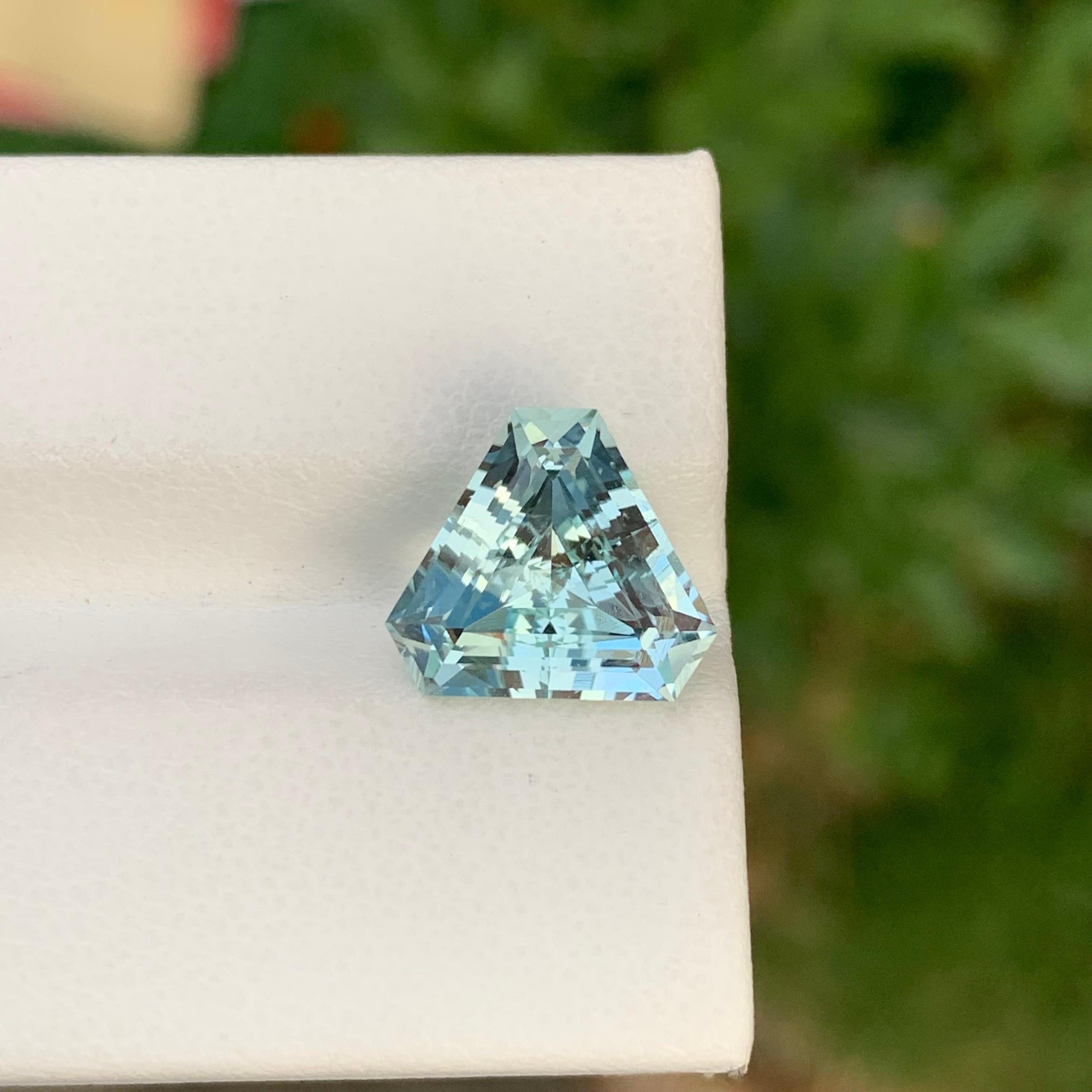 Loose Aquamarine
Weight: 3.80 Carat
Dimension: 10.3 x 10.3 x 6.5 Mm
Colour : Pale Blue
Origin: Shigar Valley, Pakistan
Treatment: Non
Certificate : On Demand
Shape: Trillion 

Aquamarine is a captivating gemstone known for its enchanting blue-green