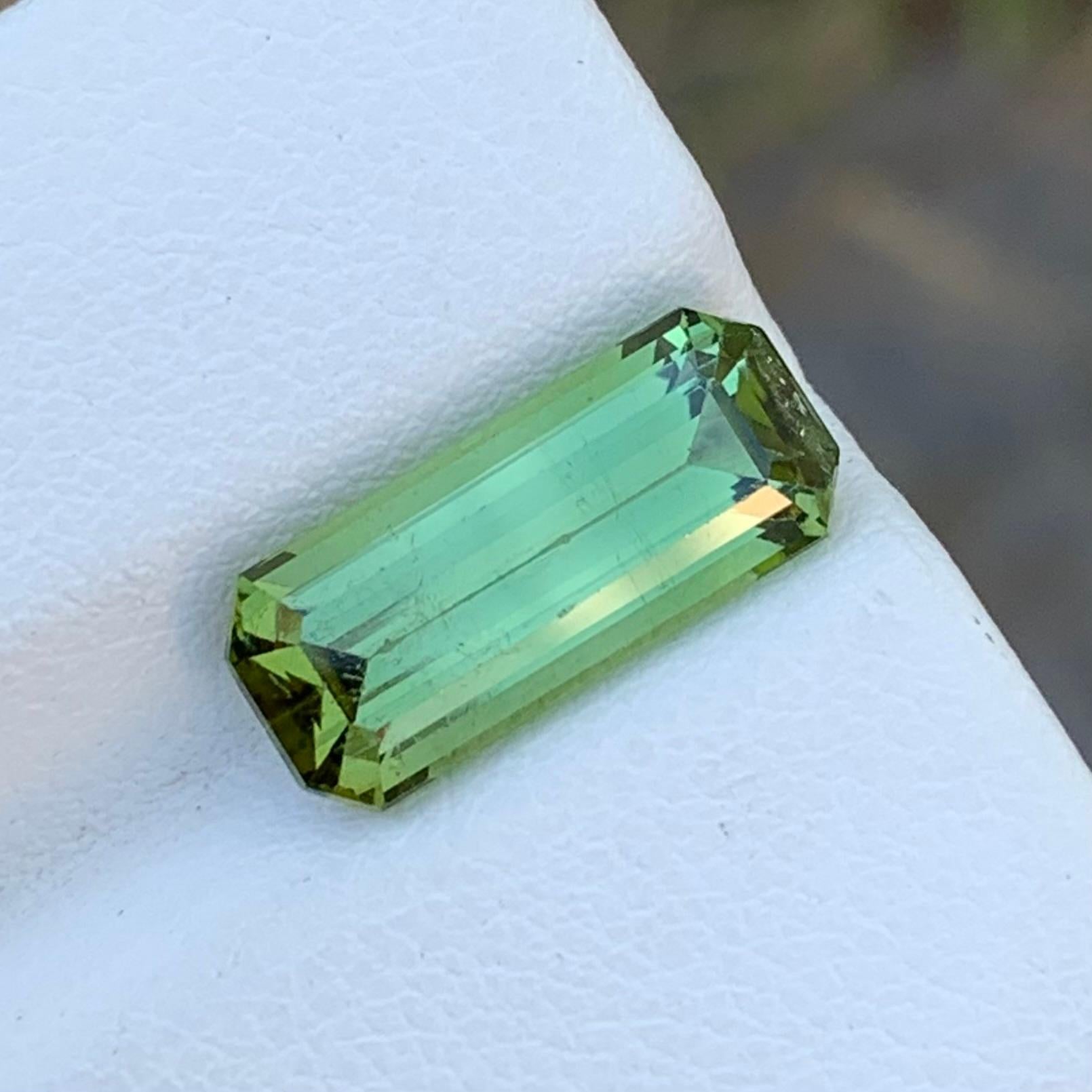 Loose Mint Tourmaline 
Weight: 3.80 Carats 
Dimension: 14.1 x 6.1 x 5 Mm
Colour : Mint Green 
Origin: Afghanistan 
Shape: Emerald 
Certificate: On Demand 
Treatment: Non 

Mint tourmaline, a delicate and soothing variety within the tourmaline