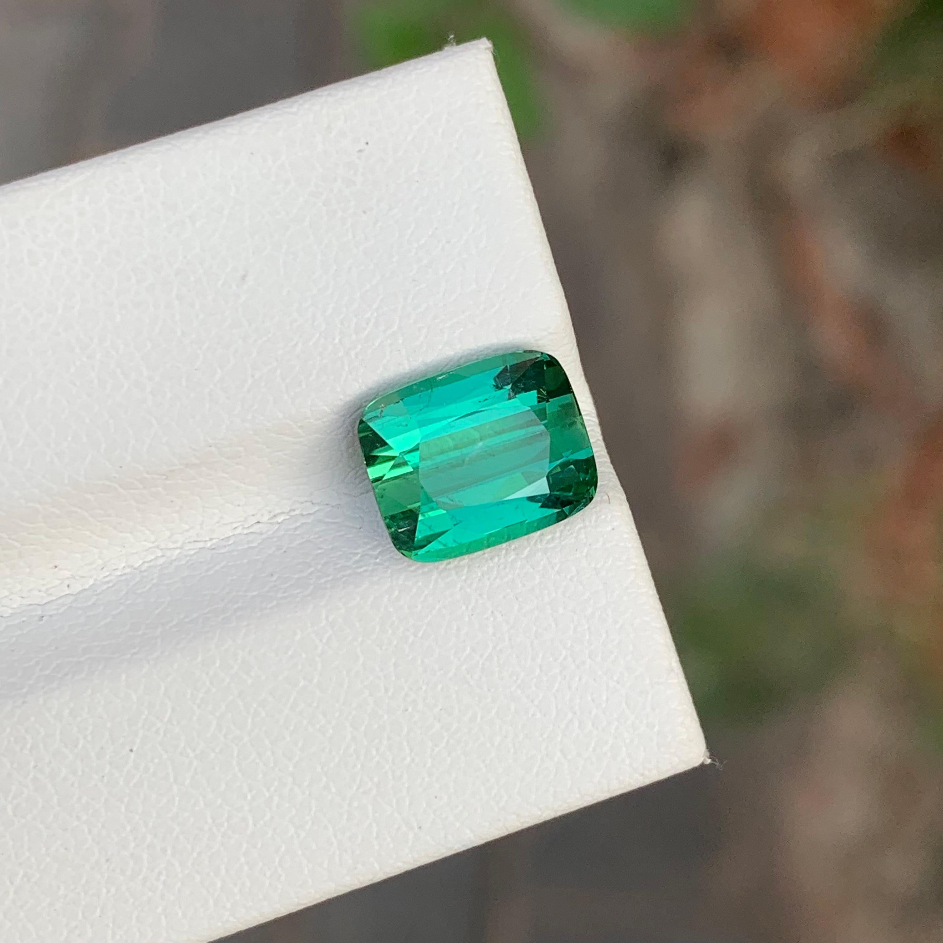 Women's or Men's 3.80 Carat Natural Loose Green Lagoon Tourmaline Cushion Shape Gemstone For Sale