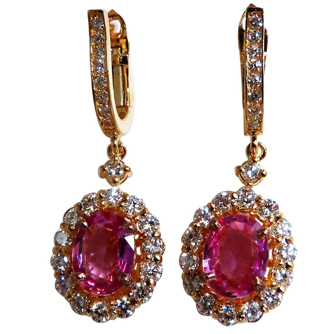 3.80 Carat Natural Pink Sapphire Diamond Dangle Earrings 14 Karat Vivid Prime