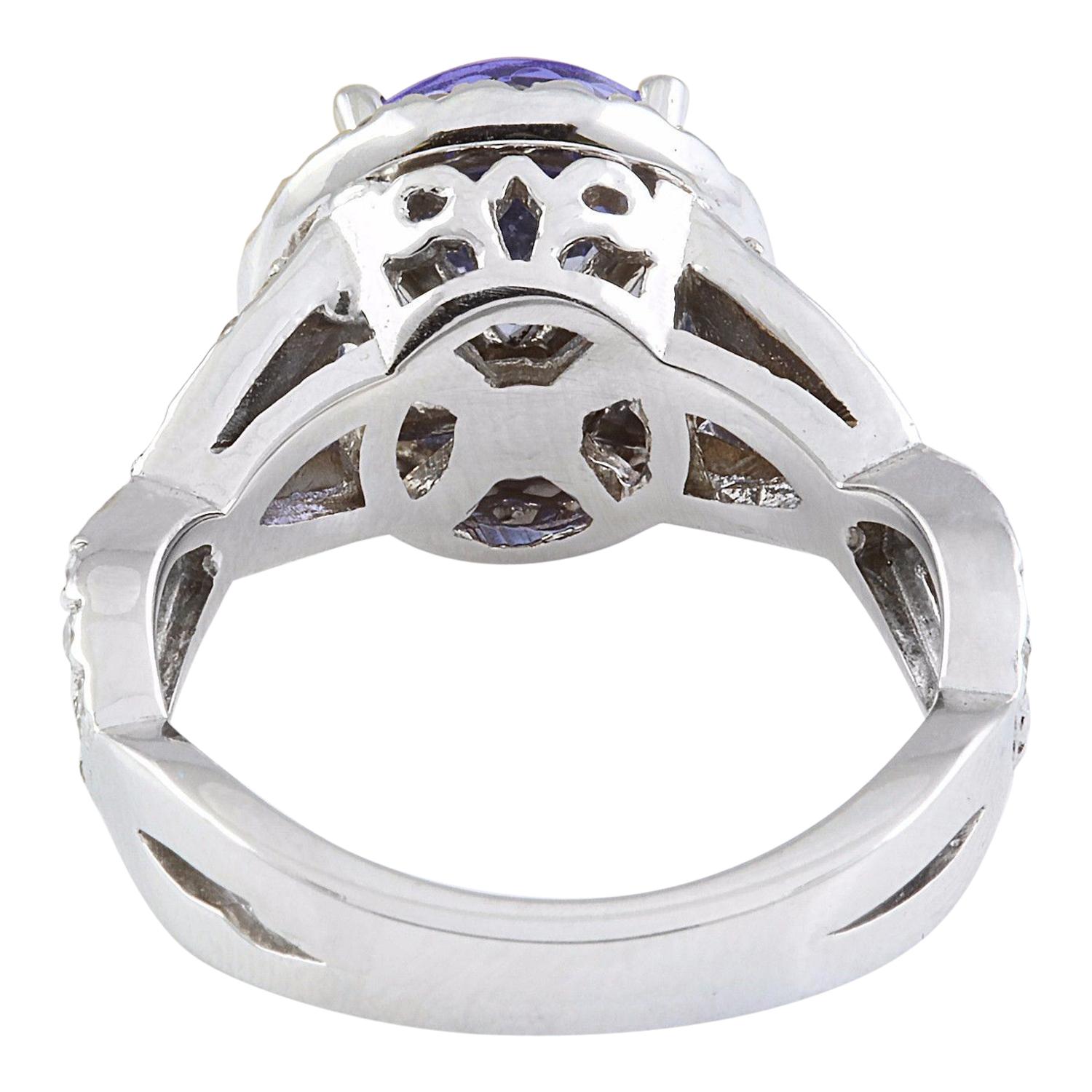 Round Cut Natural Tanzanite Diamond Ring In 14 Karat Solid White Gold  For Sale