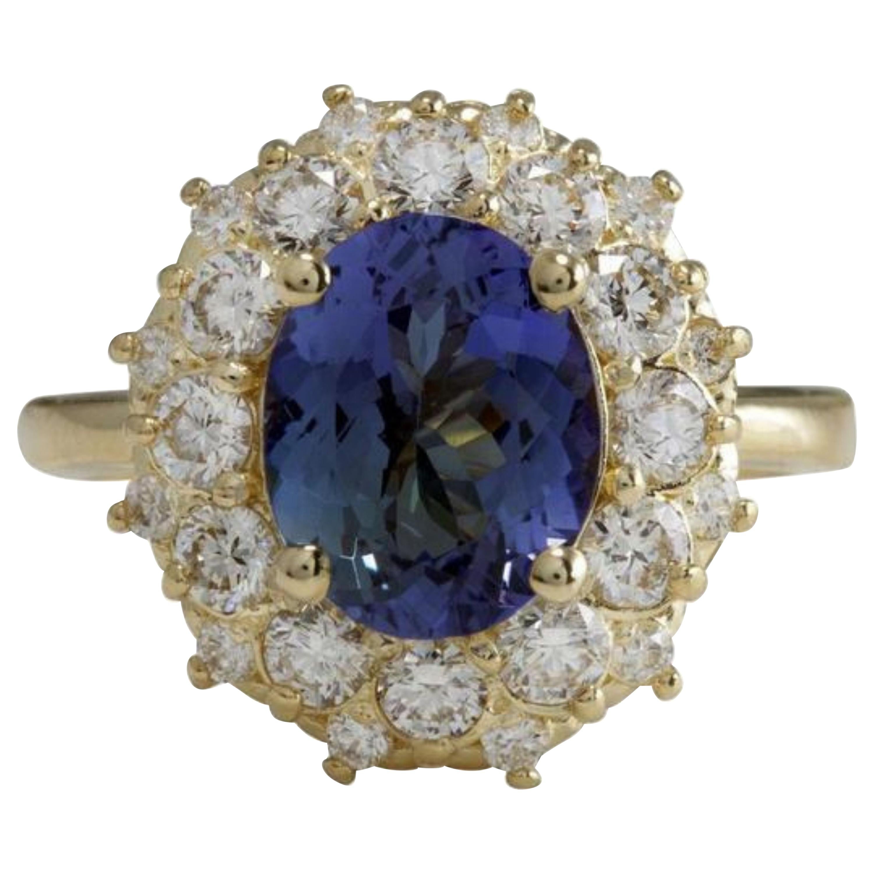 Bague en or jaune massif 14 carats avec tanzanite naturelle de 3,80 carats et diamants