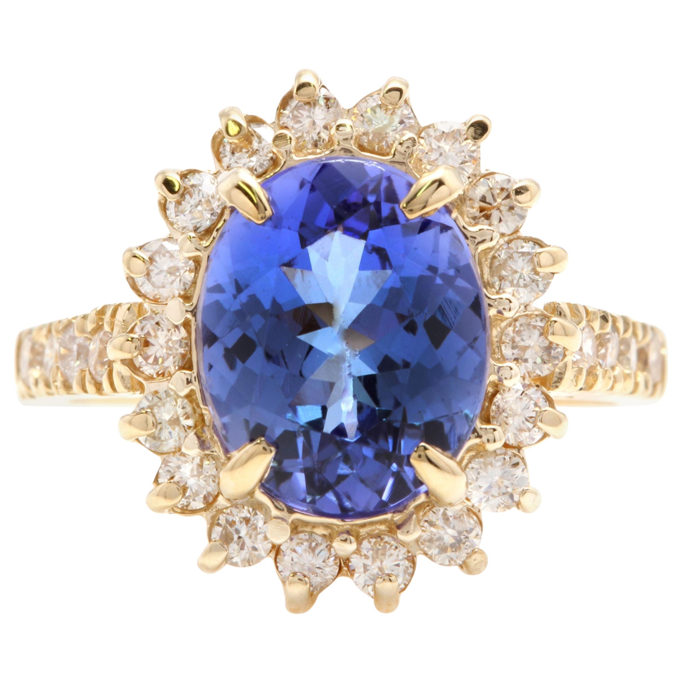 3.80 Carat Natural Very Nice Looking Tanzanite and Diamond 14 Karat Solid Gold For Sale