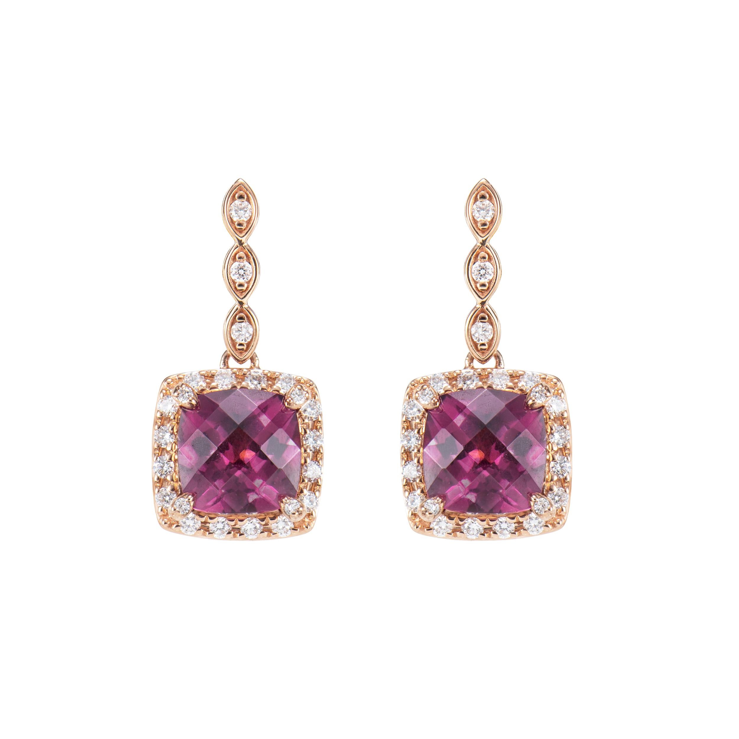 Contemporary 3.80 Carat Rhodolite Drop Earring in 18 Karat Rose Gold with White Diamond For Sale