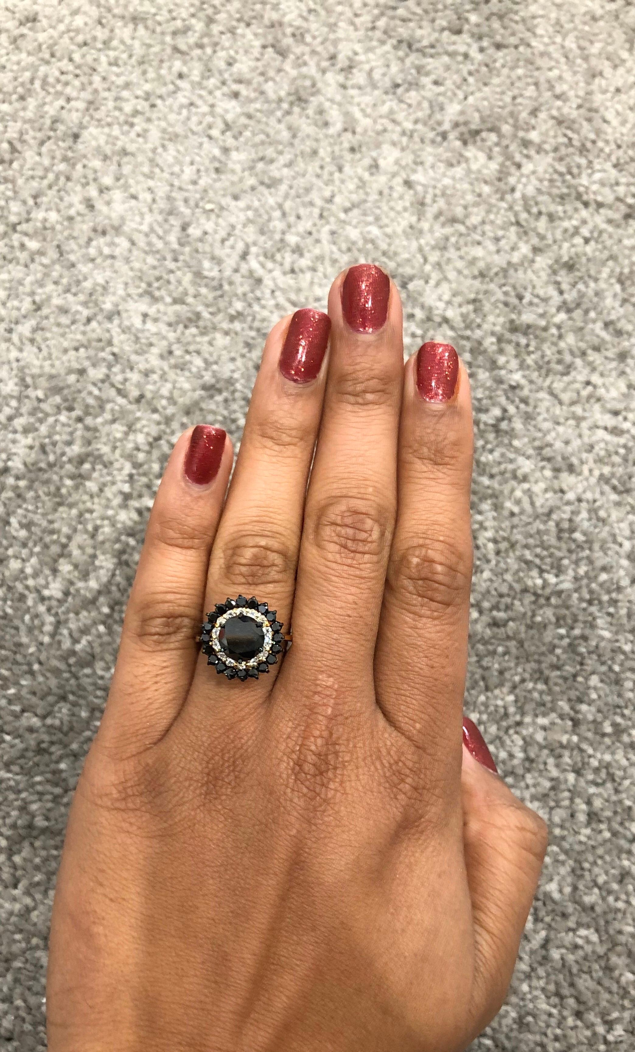 Modern 3.80 Carat Round Cut Black Diamond 14K Yellow Gold Double Halo Ring