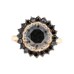 3.80 Carat Round Cut Black Diamond 14K Yellow Gold Double Halo Ring