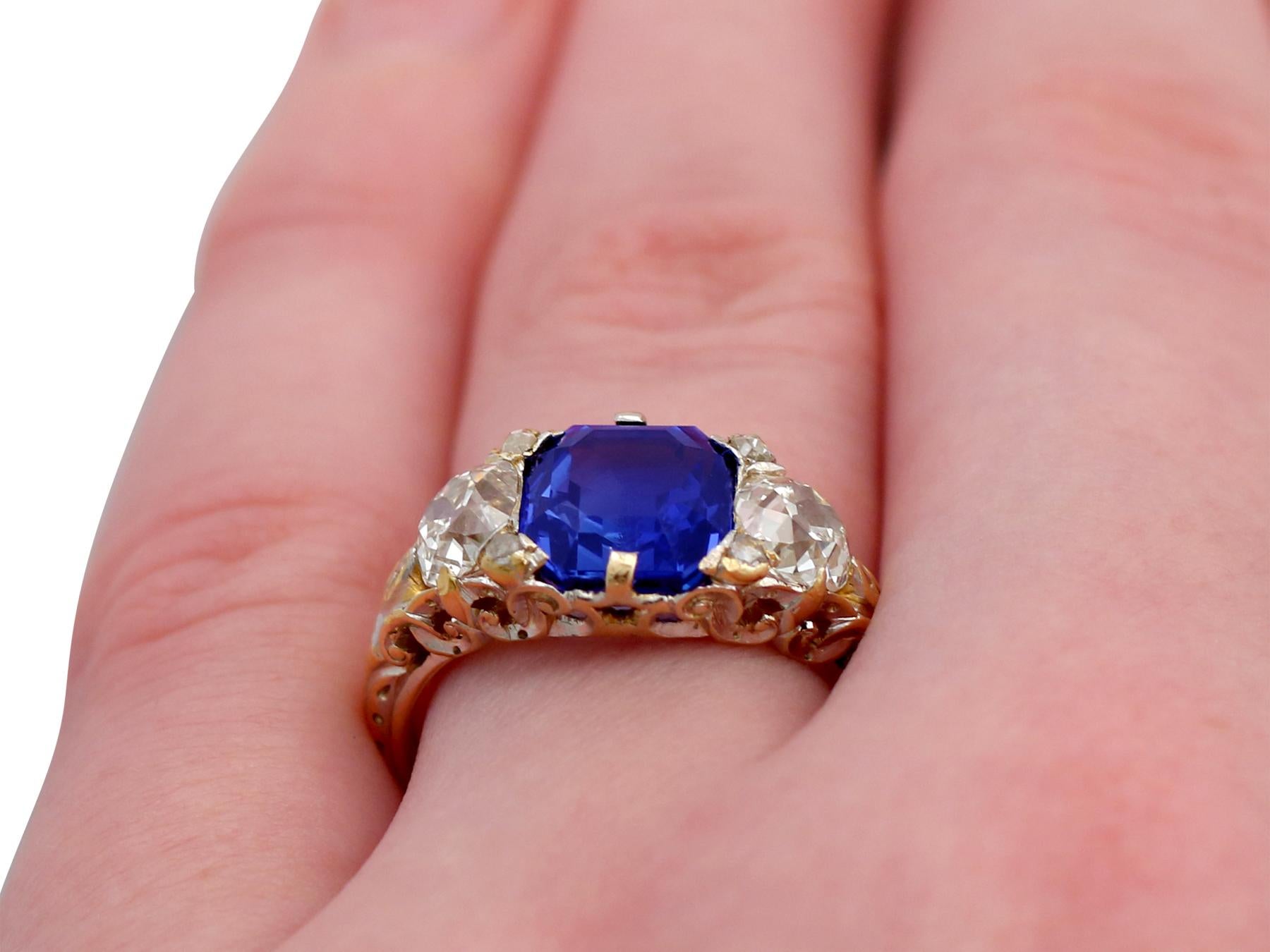 3.80 Carat Sapphire and 1.48 Carat Diamond Yellow and White Gold Trilogy Ring 3
