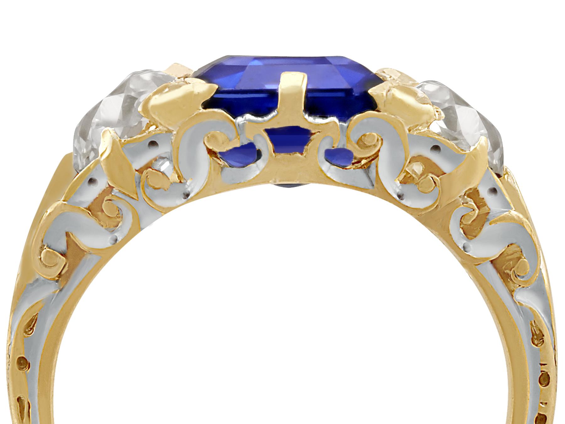 Octagon Cut 3.80 Carat Sapphire and 1.48 Carat Diamond Yellow and White Gold Trilogy Ring