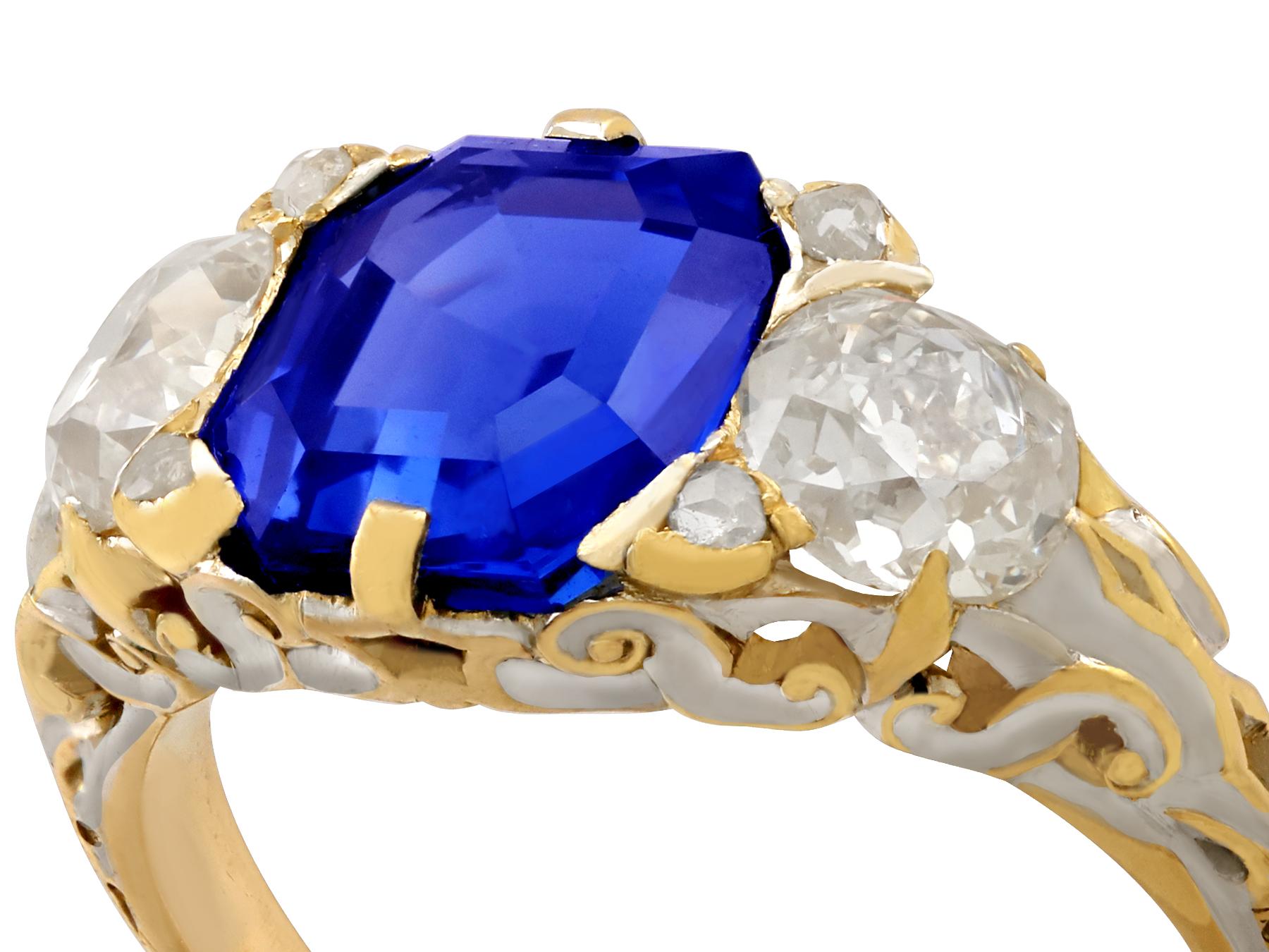 3.80 Carat Sapphire and 1.48 Carat Diamond Yellow and White Gold Trilogy Ring In Excellent Condition In Jesmond, Newcastle Upon Tyne