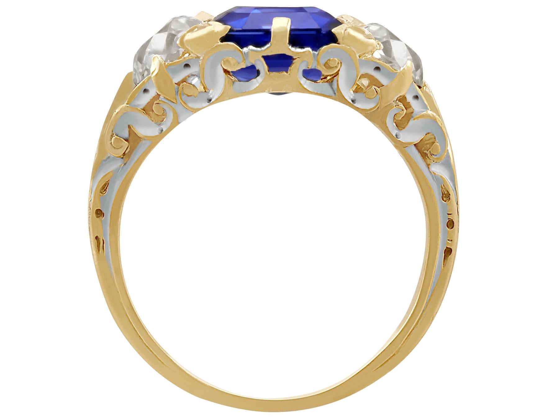 Women's or Men's 3.80 Carat Sapphire and 1.48 Carat Diamond Yellow and White Gold Trilogy Ring