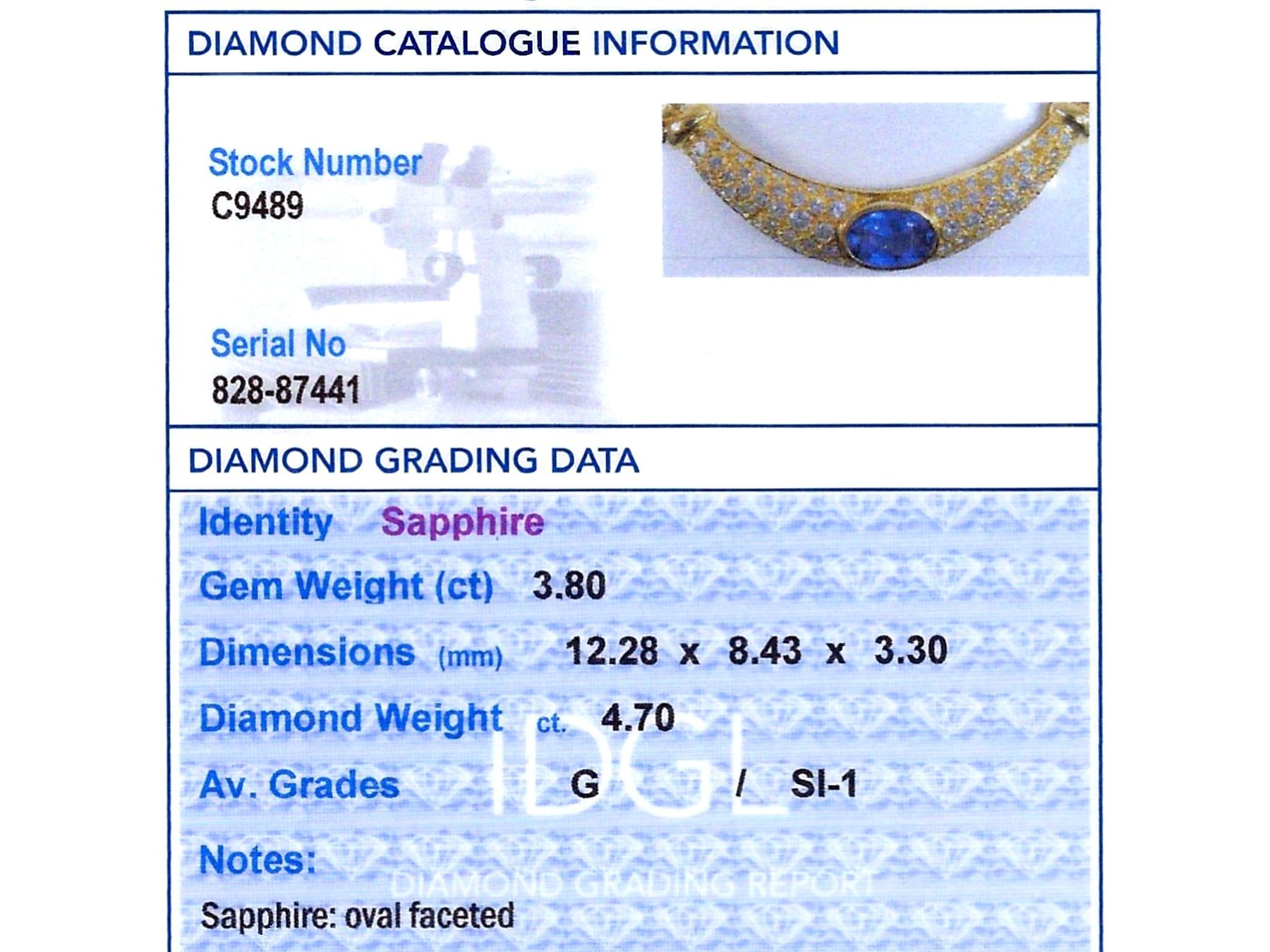 Collier en or jaune 18 carats saphir 3,80 carats et diamant 4,70 carats Circa 2000 en vente 4