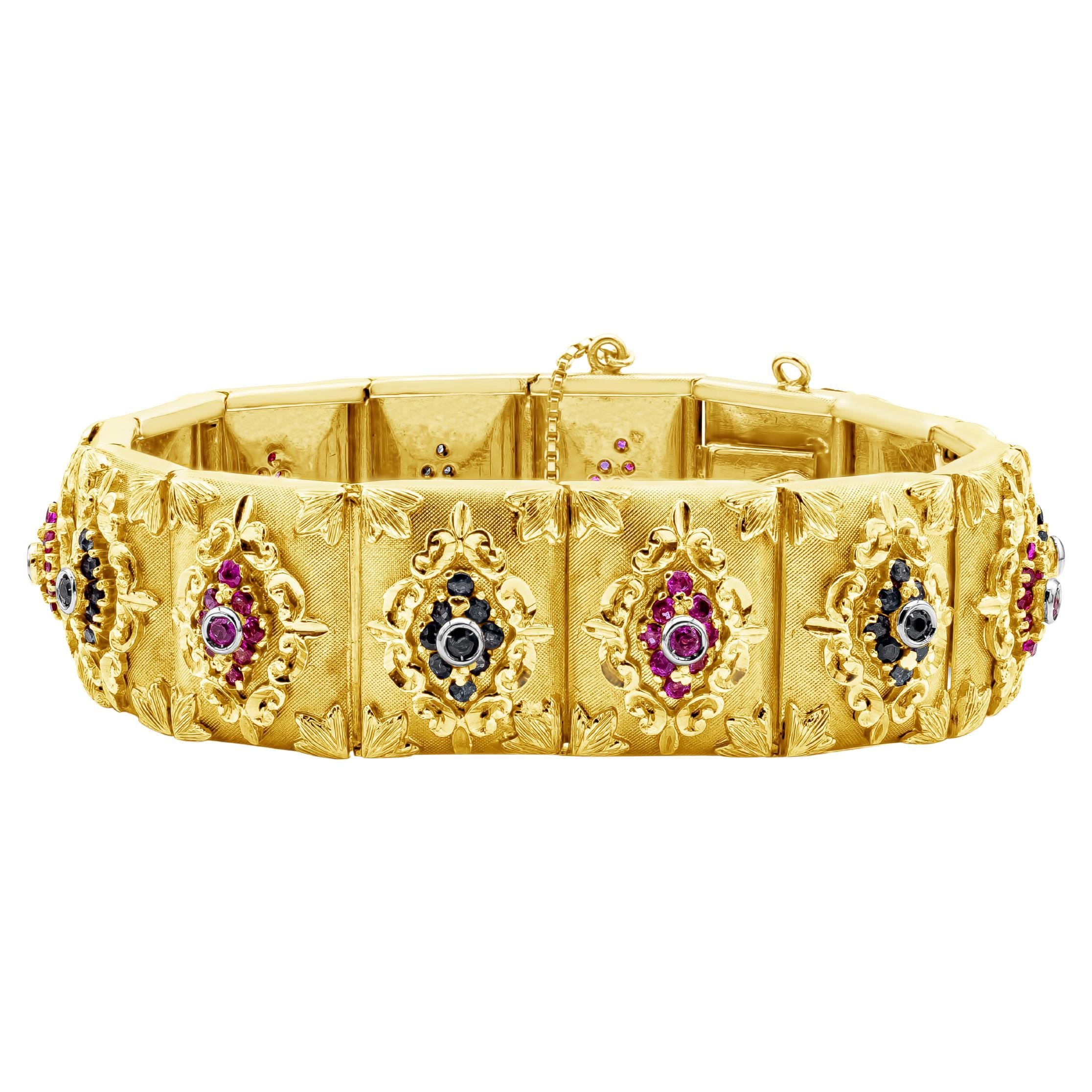 3.80 Carat Total Ruby & Sapphire Handcrafted Yellow Gold Bracelet For Sale