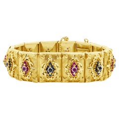 Retro 3.80 Carat Total Ruby & Sapphire Handcrafted Yellow Gold Bracelet