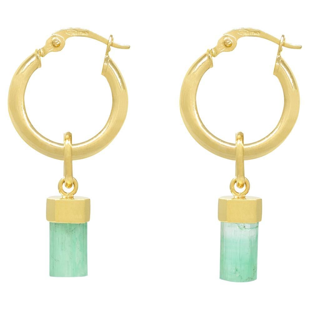 3.80 Carat Total Weight Uncut Natural Emeralds Drop Earrings in 18K Gold Hoops