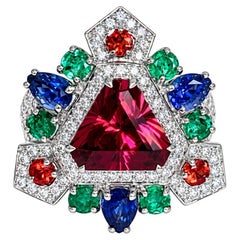 3.80 Carat Trillion Rhodolite Garnet, Sapphire, Emerald & Diamond Ring