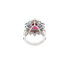 3.80 Carat Trillion Rhodolite Garnet, Sapphire, Emerald & Diamond Ring