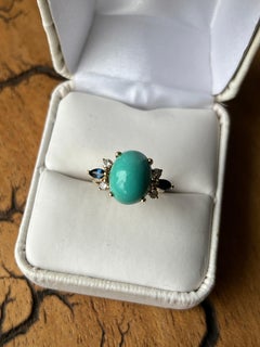 3.80 Carat Turquoise, Sapphire and Diamond Cocktail Ring, 14K Yellow Gold