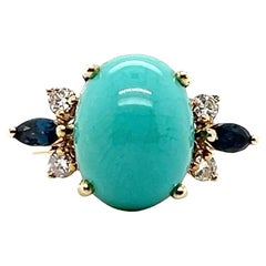 3.80 Carat Turquoise, Sapphire and Diamond Cocktail Ring, 14K Yellow Gold