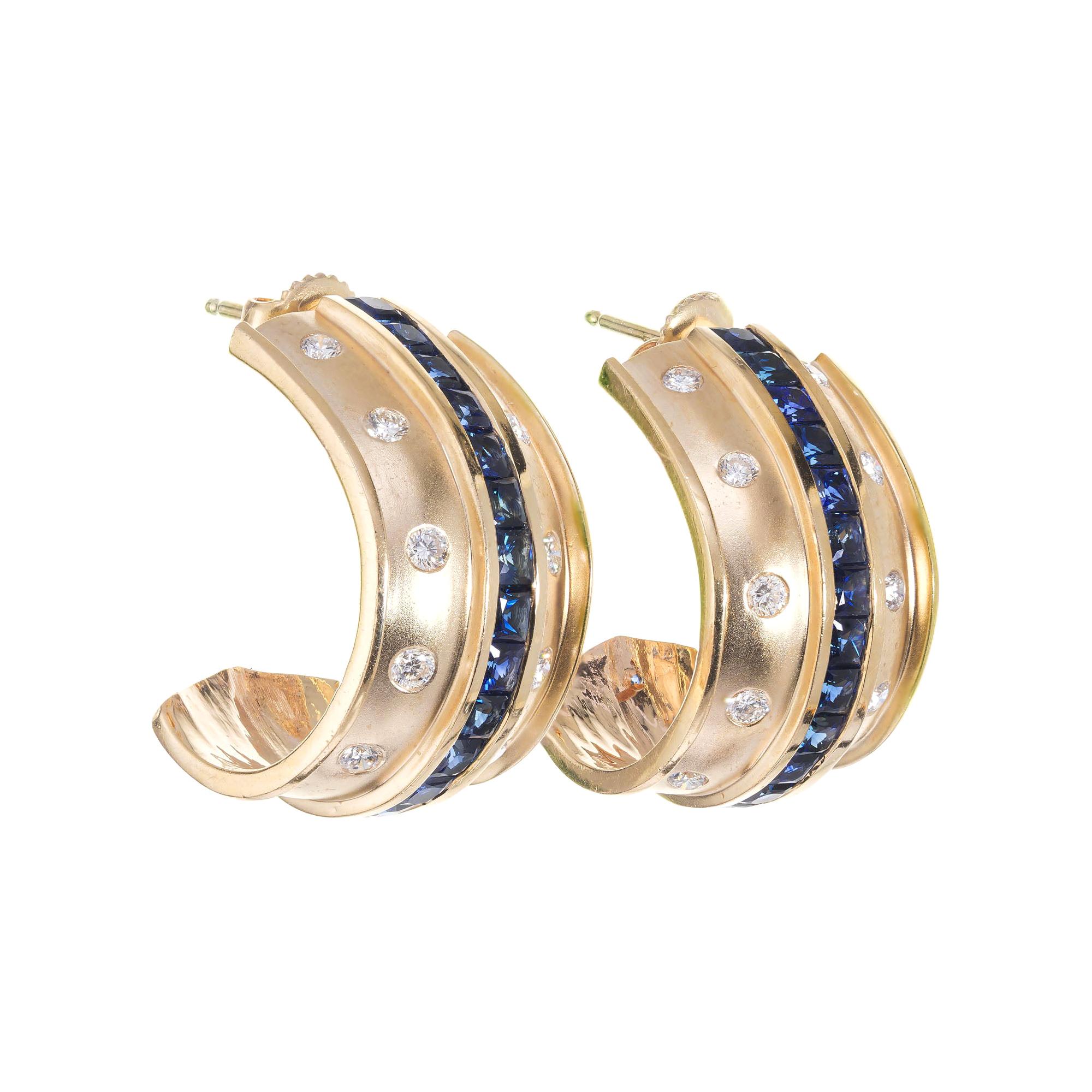 3.80 Carats Diamond Sapphire Gold Half Hoop Earrings  For Sale