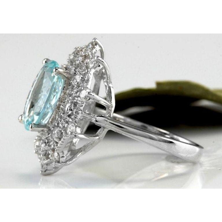 Rose Cut 3.80 Carat Natural Aquamarine and Diamond 14 Karat Solid White Gold Ring For Sale