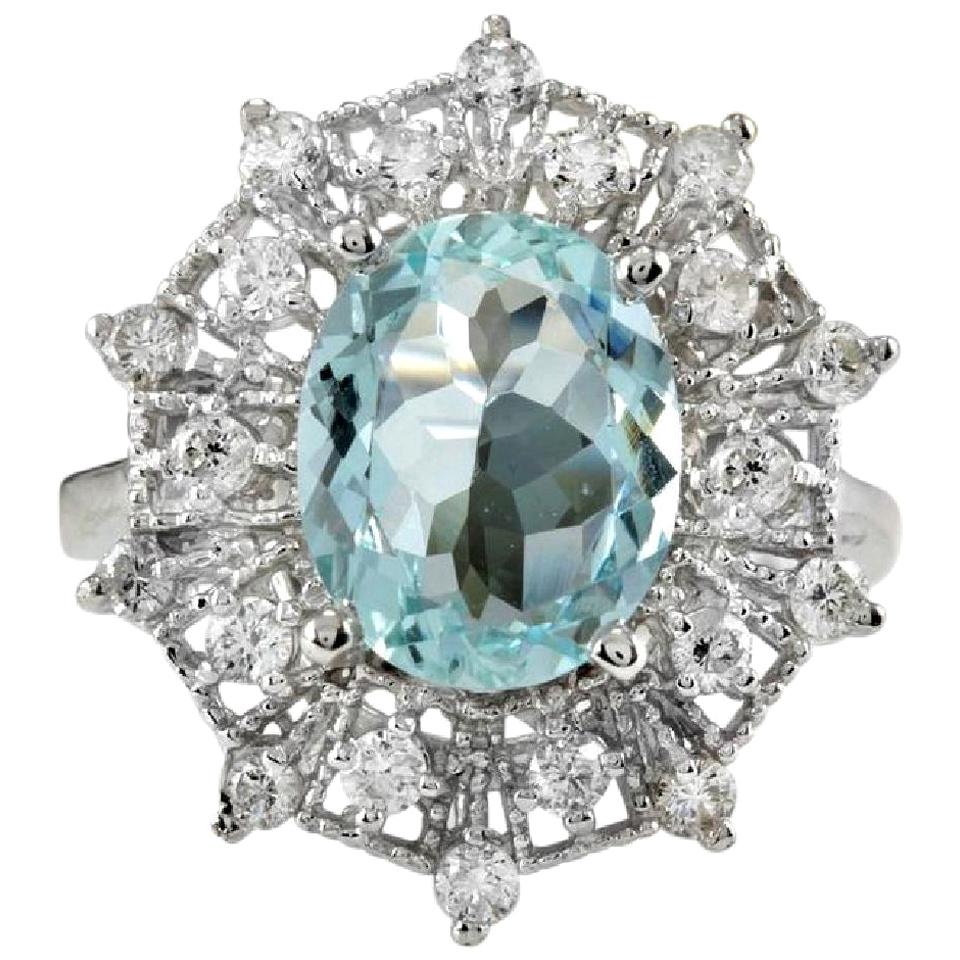 Bague en or blanc massif 14 carats avec aigue-marine naturelle de 3,80 carats et diamants