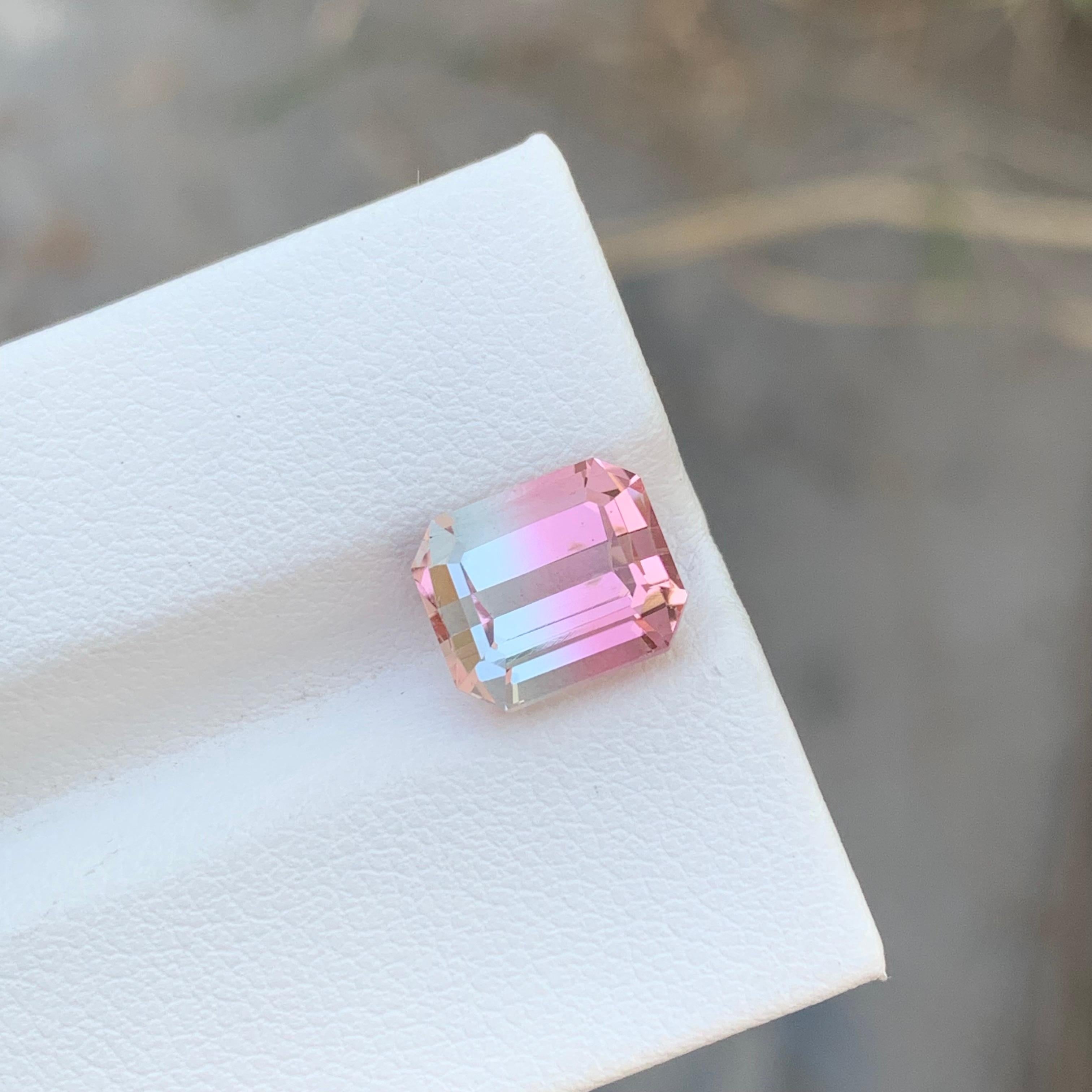 Bicolor Tourmaline 
Weight: 3.80 Carats 
Dimension: 9.2x7.8x6.5 Mm
Origin: Kunar Afghanistan 
Shape: Emerald 
Color: Pink & White
Treatment: Non 
Certificate: On Demand 
Baby pink bicolor tourmaline is a delightful gemstone that captivates with its