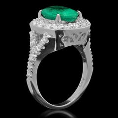 3.80 Carats Natural Emerald and Diamond 14K Solid White Gold Ring